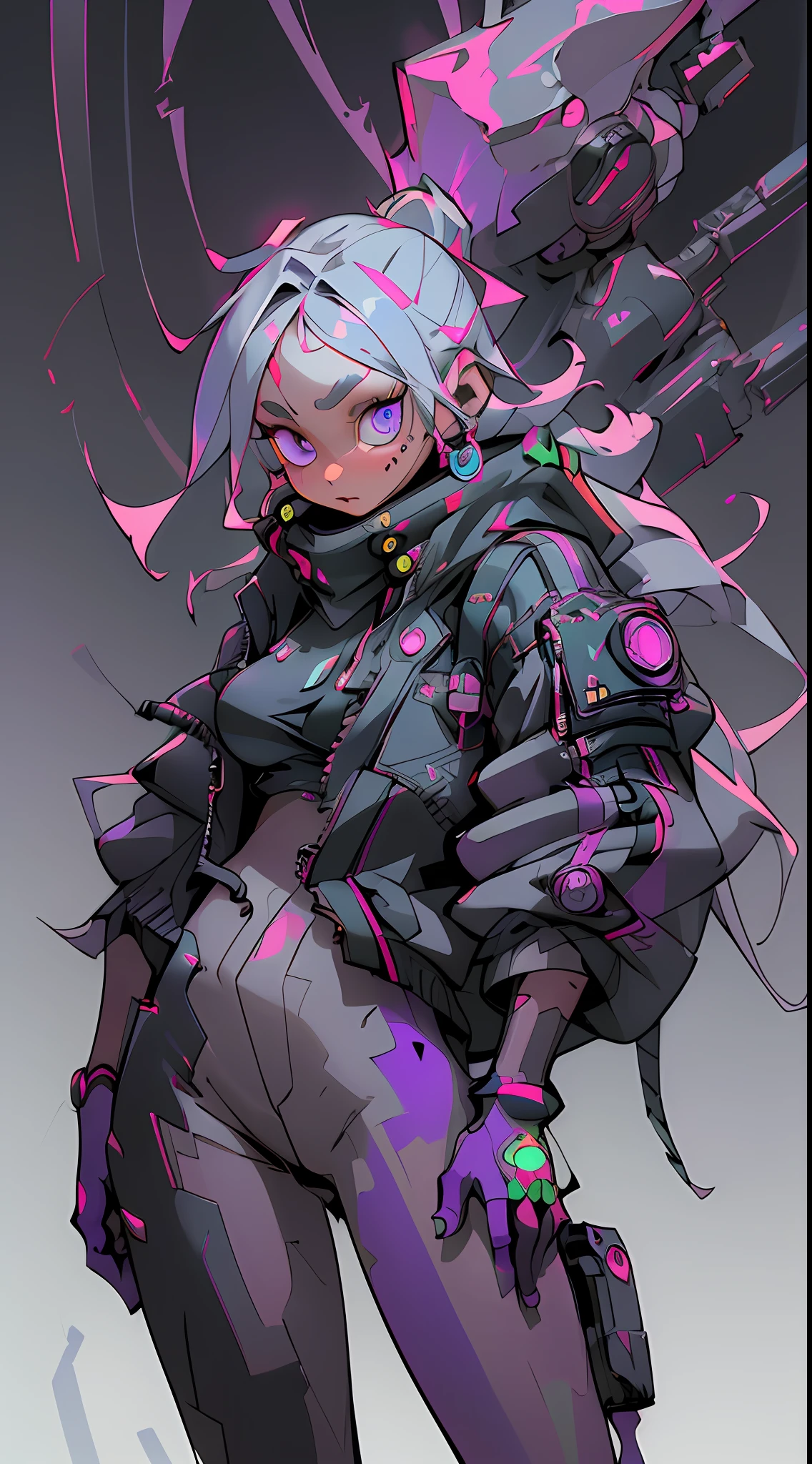 (Extremely detailed CG unity 8k wallpaper, masterpiece, best quality, super detailed), (best lighting, best shadow, extremely refined and beautiful), floating, dynamic angle, (1girl), (cyberpunk style, neon), (red: 1.3 + purple + green: 1.2+ Blue: 0.9) hair, (Cyberpunk outfit: 1.3), metallic silver accessories, glowing eyes, high resolution, 3D art, Unreal Engine 5 style, clear lines, good facial features, good eyes, blue-purple gradient eyes