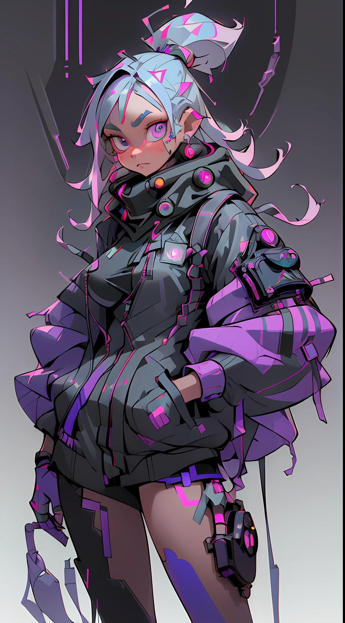 (Extremely detailed CG unity 8k wallpaper, masterpiece, best quality, super detailed), (best lighting, best shadow, extremely refined and beautiful), floating, dynamic angle, (1girl), (cyberpunk style, neon), (red: 1.3 + purple + green: 1.2+ Blue: 0.9) hair, (Cyberpunk outfit: 1.3), metallic silver accessories, glowing eyes, high resolution, 3D art, Unreal Engine 5 style, clear lines, good facial features, good eyes, blue-purple gradient eyes