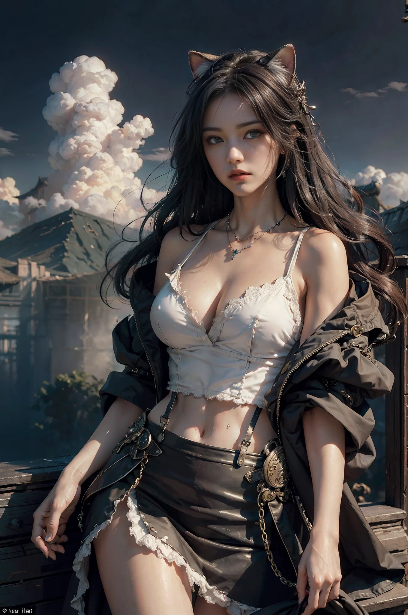 ((Excellent)), ((Masterpiece)), (detailed), Perfect proportions of body structure, an anthropomorphic cat in a tattered skirt, Perched on clouds, (Fantasy Illustration: 1.3), Seductive gaze, Enchanting pose, With necklace, hanging suspenders on open shoulders, draped with magical shoulder pads, exquisite hair accessories, otherworldly charm, Behind it is an amazing epic ancient Chinese theme, open landscape, mysterious sky, (Luis Royo:1.2), (Yoshitaka Amano:1.1), moonlit nights, pastel colors, (detailed clouds: 1.3), (high resolution: 1.2), mysterious warm and friendly atmosphere, cinematic lighting, realistic shadows, Octane rendering, concept art, incredible shadows, Unreal Engine 5, --v6 --auto