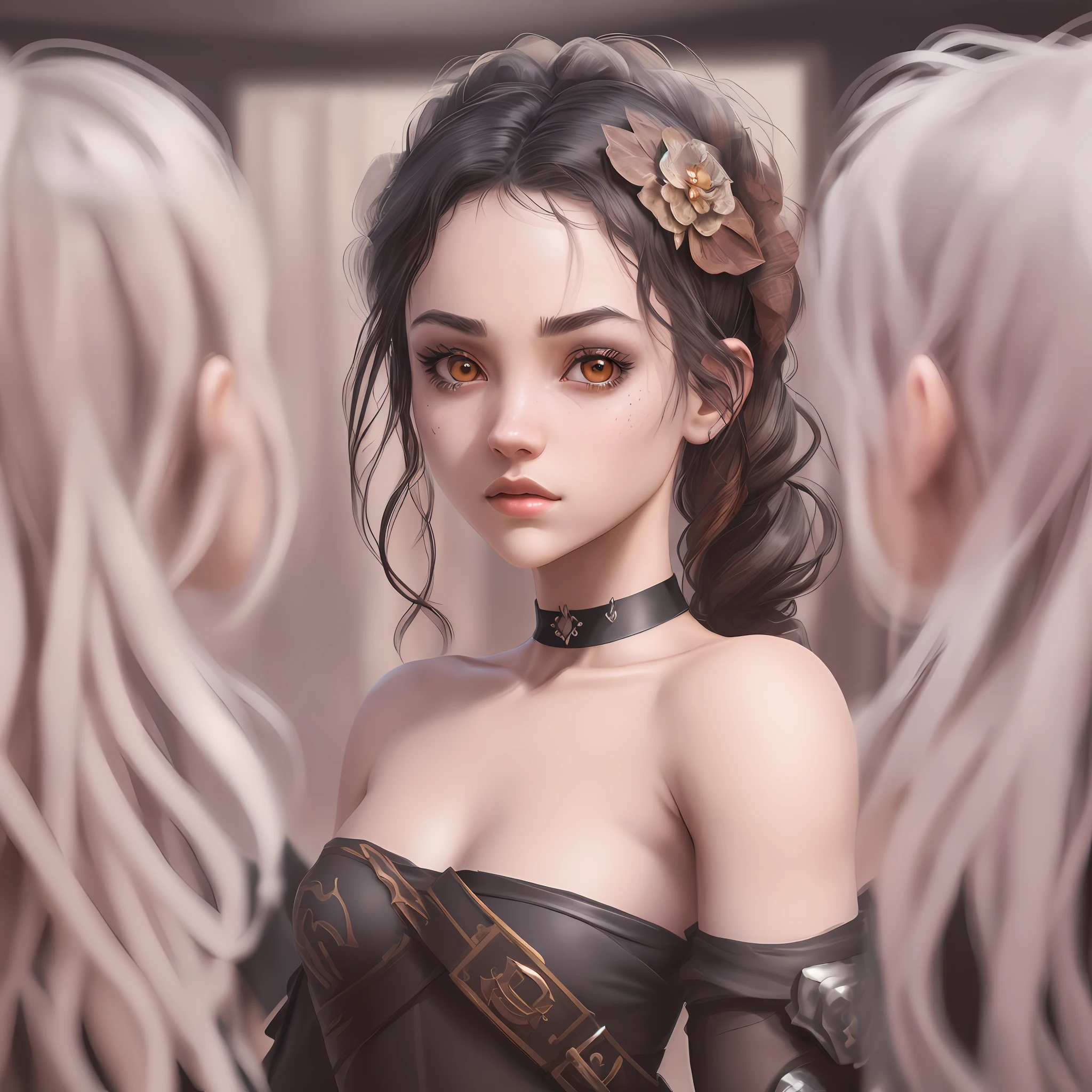 "Complete art masterpiece, high quality, ultra detailed in 4k, 8k, high resolution, hyper-realistic photo, hyper-detailed, realistic skin texture, amazing shadows, extremely detailed texture, perfect lighting, high-level image quality." The female protagonis of a gang game, tattered gang clothes, fair skin, Full body, long black hair, brown eyes, defined face, small breasts, choker, use reference picture as role model, inside a detailed dark storage house
