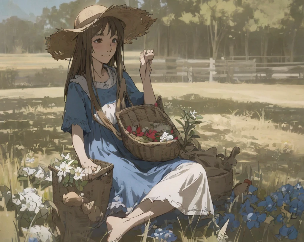 (an idyllic country landscape, picturesque scenery, rustic charm),(1 person),(sun hat, blue dress, barefoot),(holding basket of flowers, smiling contently),(dog by their side):0.7, (vintage postcard, aged paper texture, sepia tone):0.3