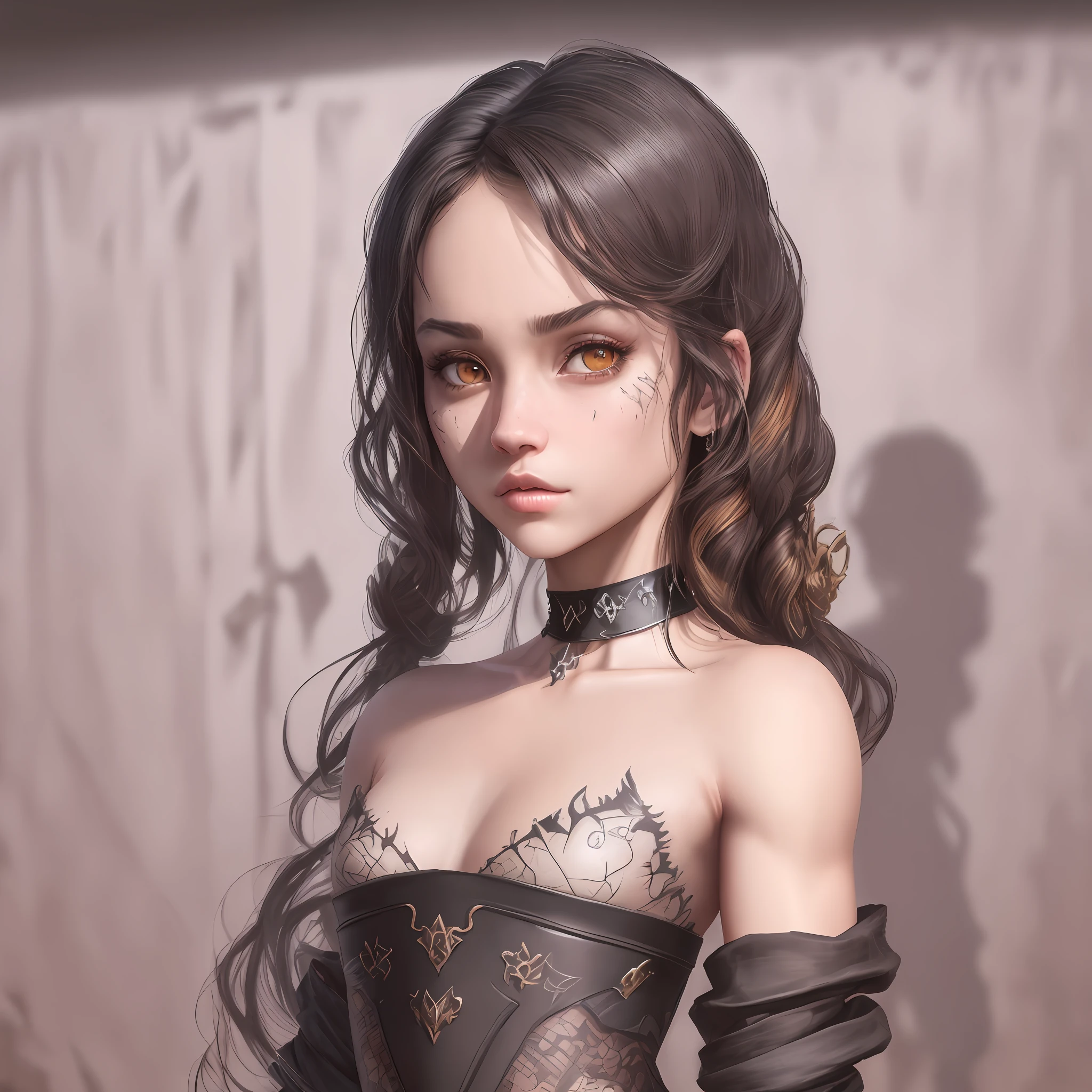 "Complete art masterpiece, high quality, ultra detailed in 4k, 8k, high resolution, hyper-realistic photo, hyper-detailed, realistic skin texture, amazing shadows, extremely detailed texture, perfect lighting, high-level image quality." The female protagonis of a gang game, tattered gang clothes, fair skin, Full body, long black hair, brown eyes, defined face, small breasts, choker, use reference picture as role model, inside a detailed dark storage house