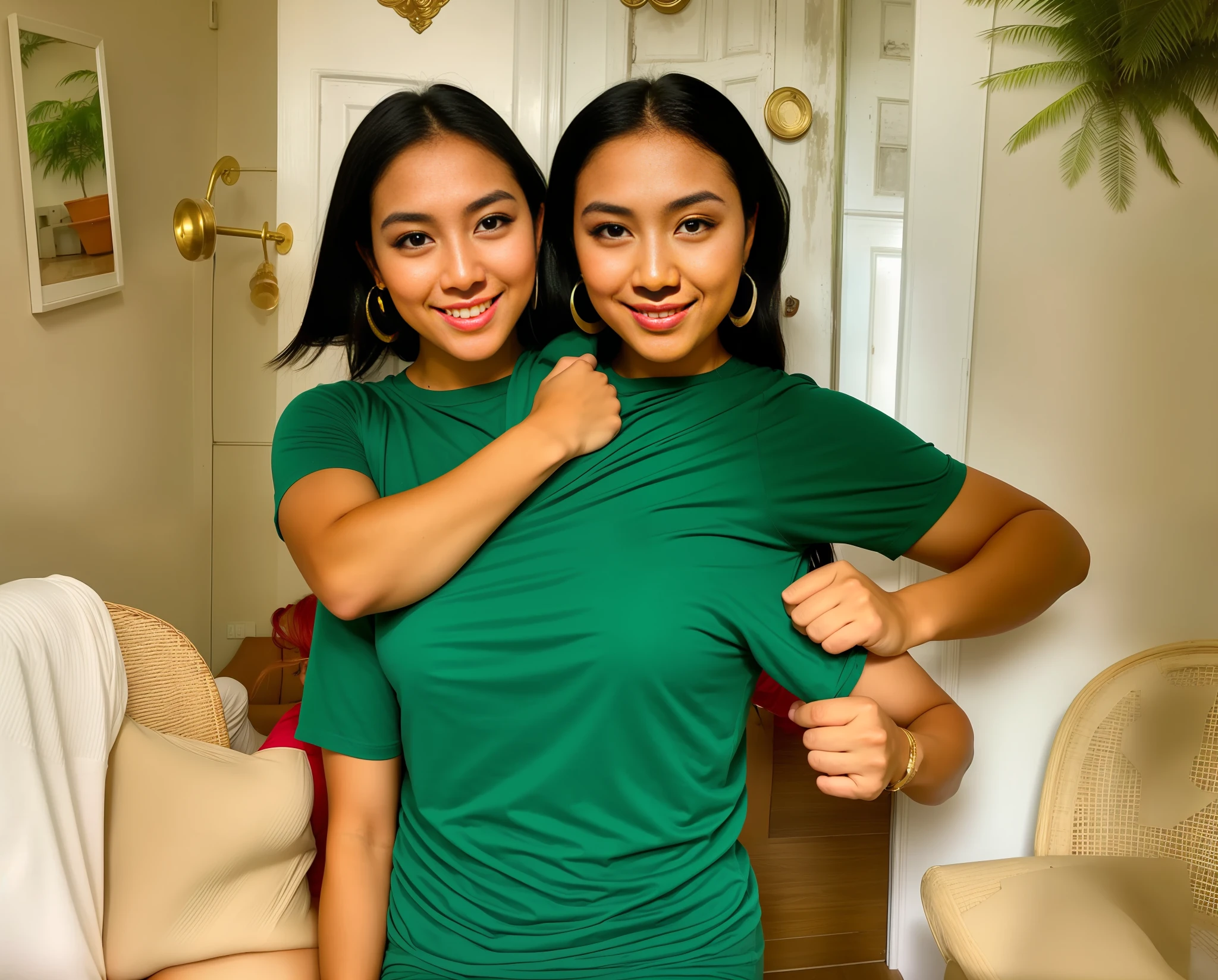 2heads, Extra arms, a woman posing for a picture, red tanktop, blue leggings, curvy arms, incredibly beautiful, strong pose, very beautiful, arms to the side, 4 arms and 2 legs!, curvy and slender arms, multiple arms, armpits fused to shoulders, normal hands, slender body, rounder face, cute facial structure, cute nose, american eyes, identical faces, light green eyes, long black hair, earrings, 21 years old, upper body shoot, vietnamese, lighter skin tone, same size heads