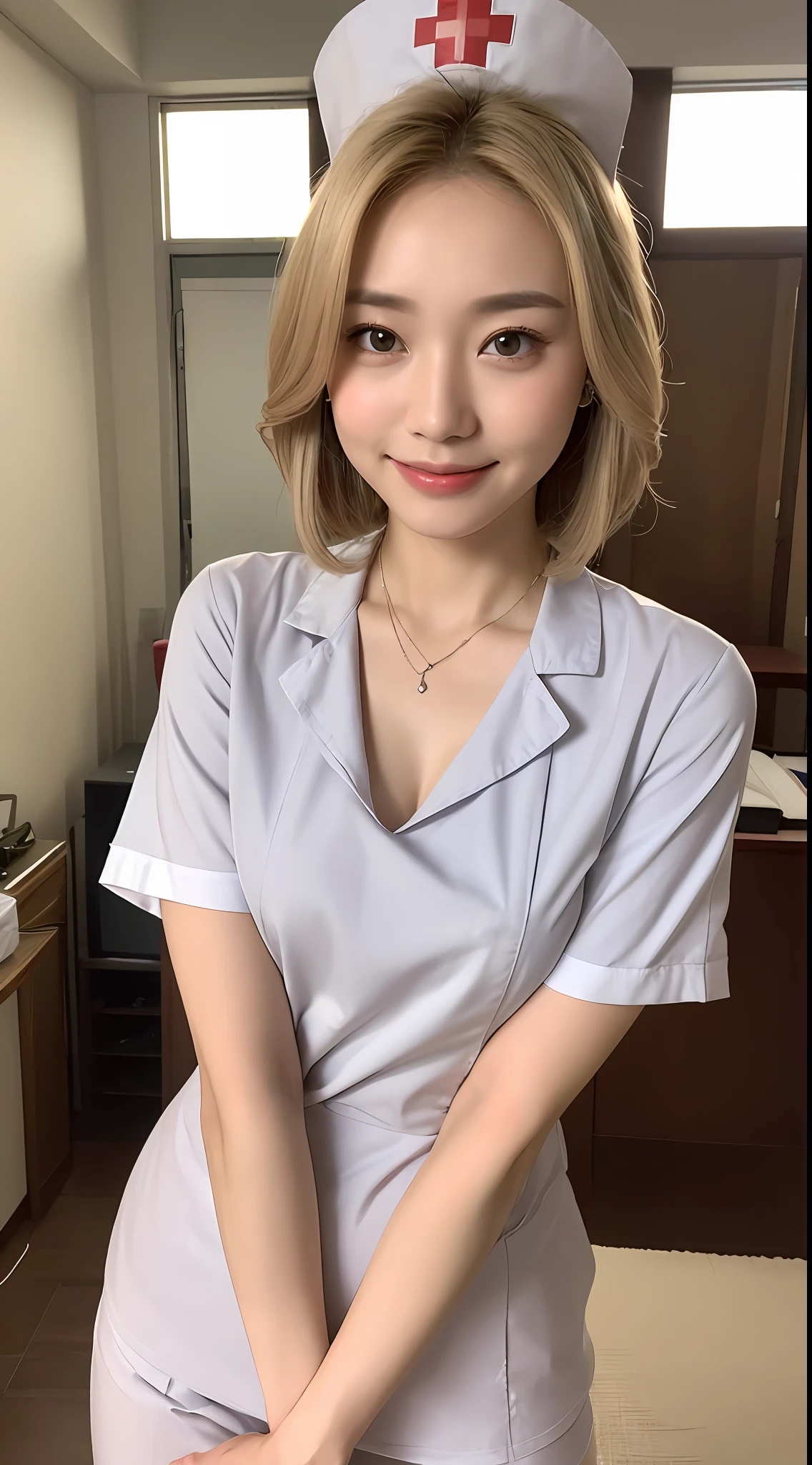 ((Best Quality, 8K, Masterpiece: 1.3)), Focus: 1.2, Perfect Body Beauty: 1.4, Buttocks: 1.2, ((Delicate Hair)), (Nurse's Uniform: 1.1) , (Room, Living Room: 1.3), Highly detailed face and skin texture, Fine eyes, Double eyelids, Whitened skin, Big breasts, smile, wearing necklace, with nurse's hat