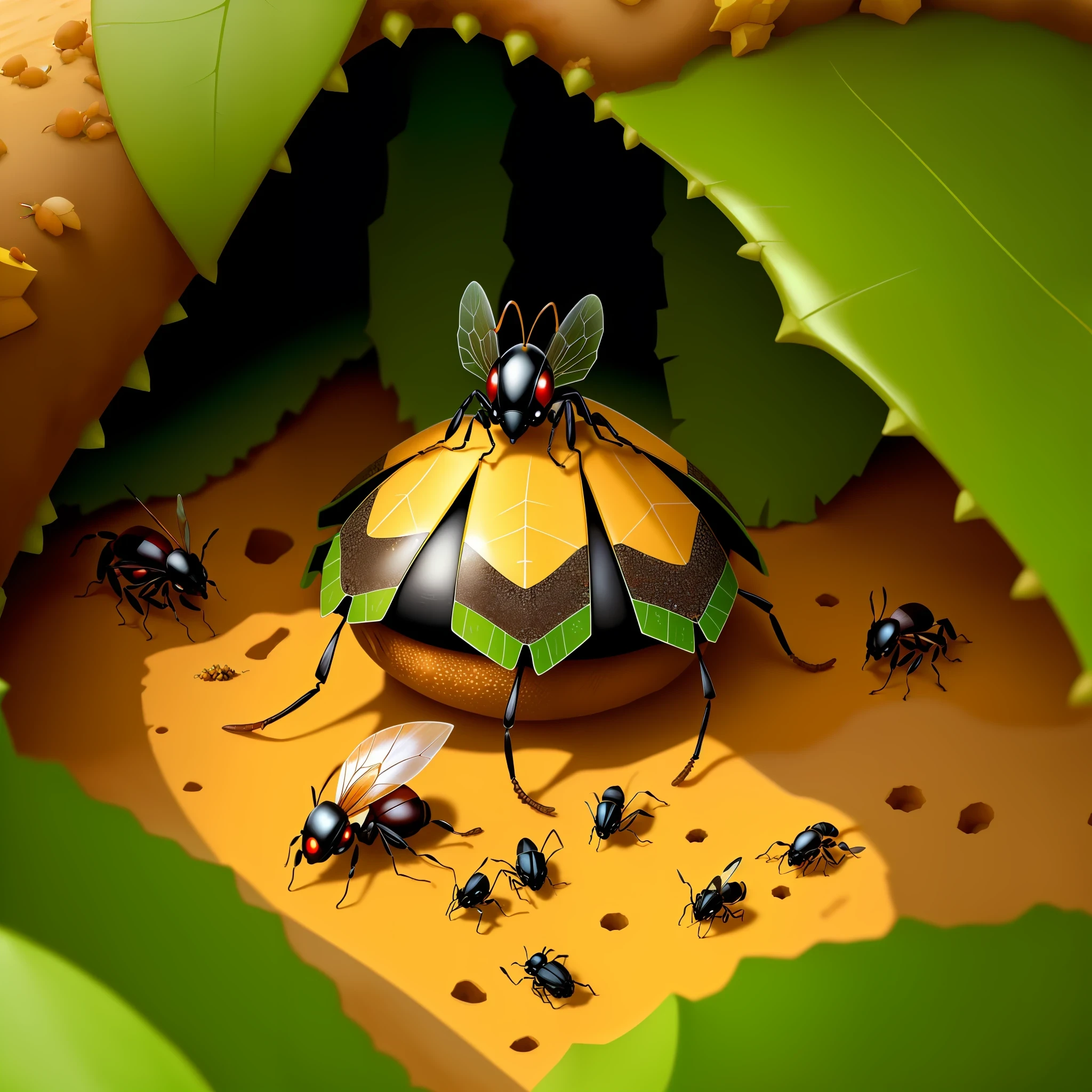 ants house [ beach shore background] [ lucky leafs in it ] ( a shinny wasp on top of the anthill) ( small hole where ants get inside anthill)