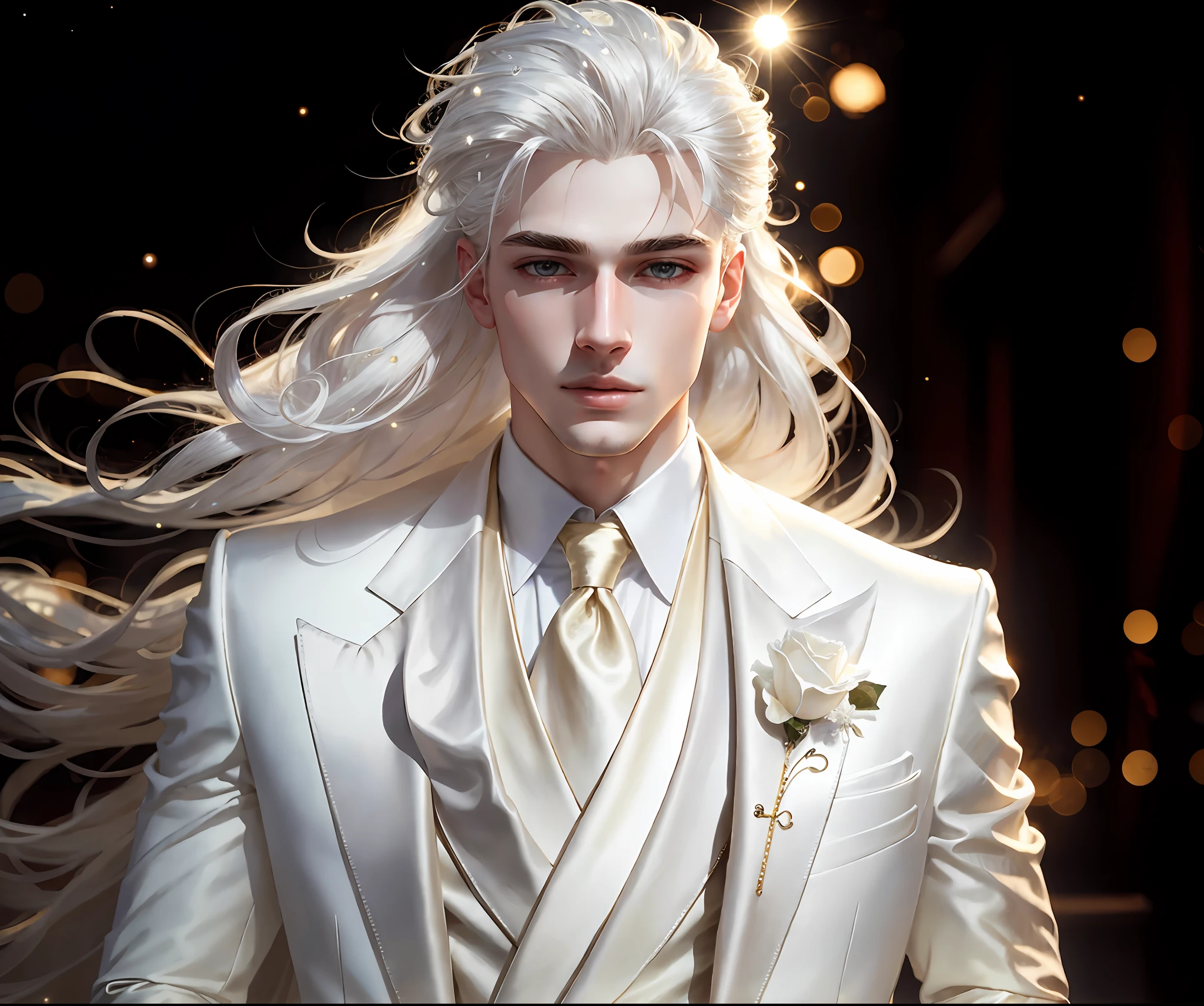 masterpiece, highest quality, (solo focus), (perfect face:1.1), (high detail:1.1),dramatic, 1guy, (pale skin), long white hair, white eyes, [light eyebrows], solo, long hair, glimmer, bokeh, ethereal, moon, night, white luxury suit, covered navel, pouty lips, covered, winter detailed background, art by artgerm, cinematic lighting, roses, fashion, BalenciagaStyle