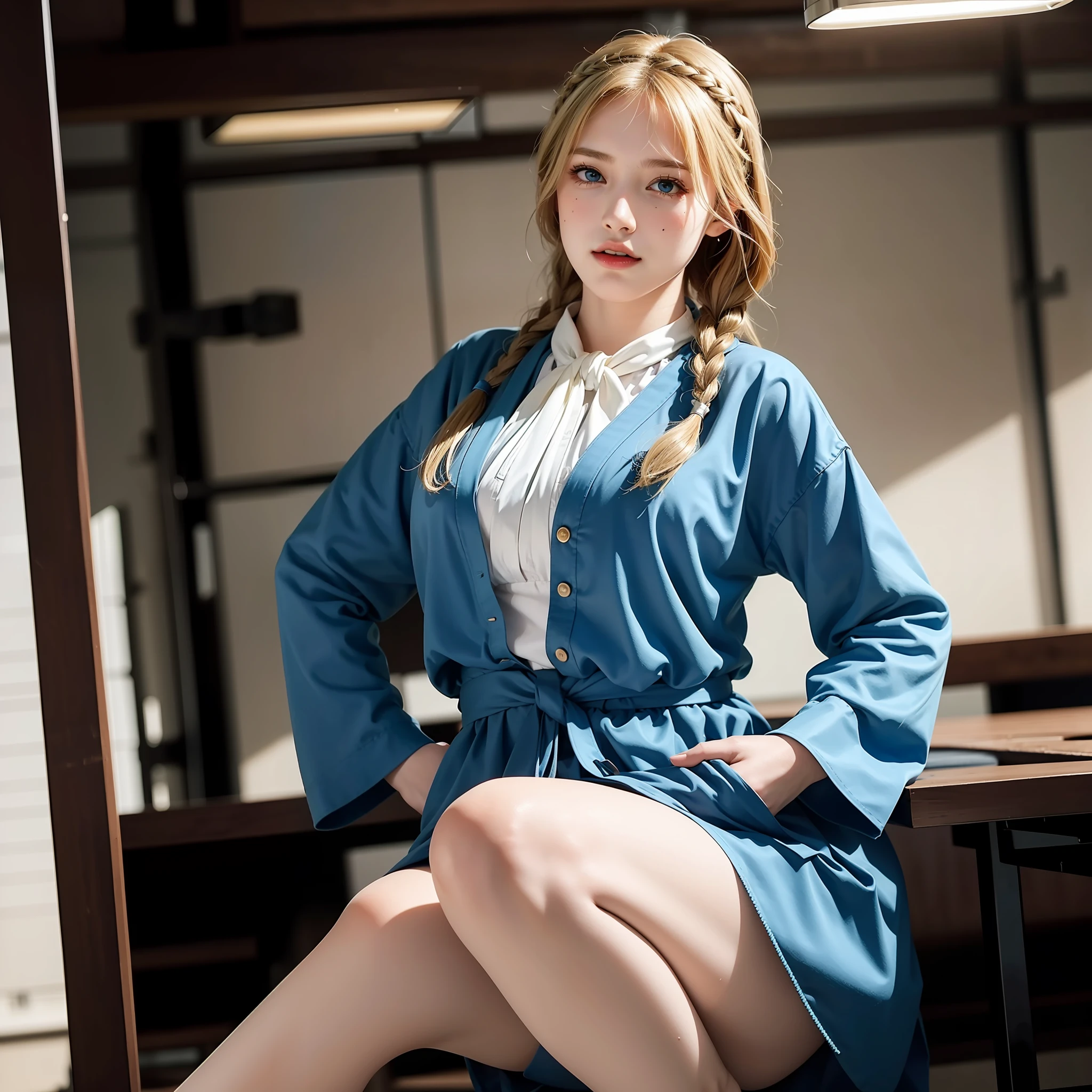 1 girl, official art, Unity 8k wallpaper, super detailed, beautiful and aesthetic, masterpiece, best quality, real, (1girl:1.2), blonde, medium hair, side blades, braids, green eyes, moles under eyes, (uniform: 1.2), (knee height: 1.1), classroom, from below, lean back, flying buttons, huge breasts, side light, blue sky,
