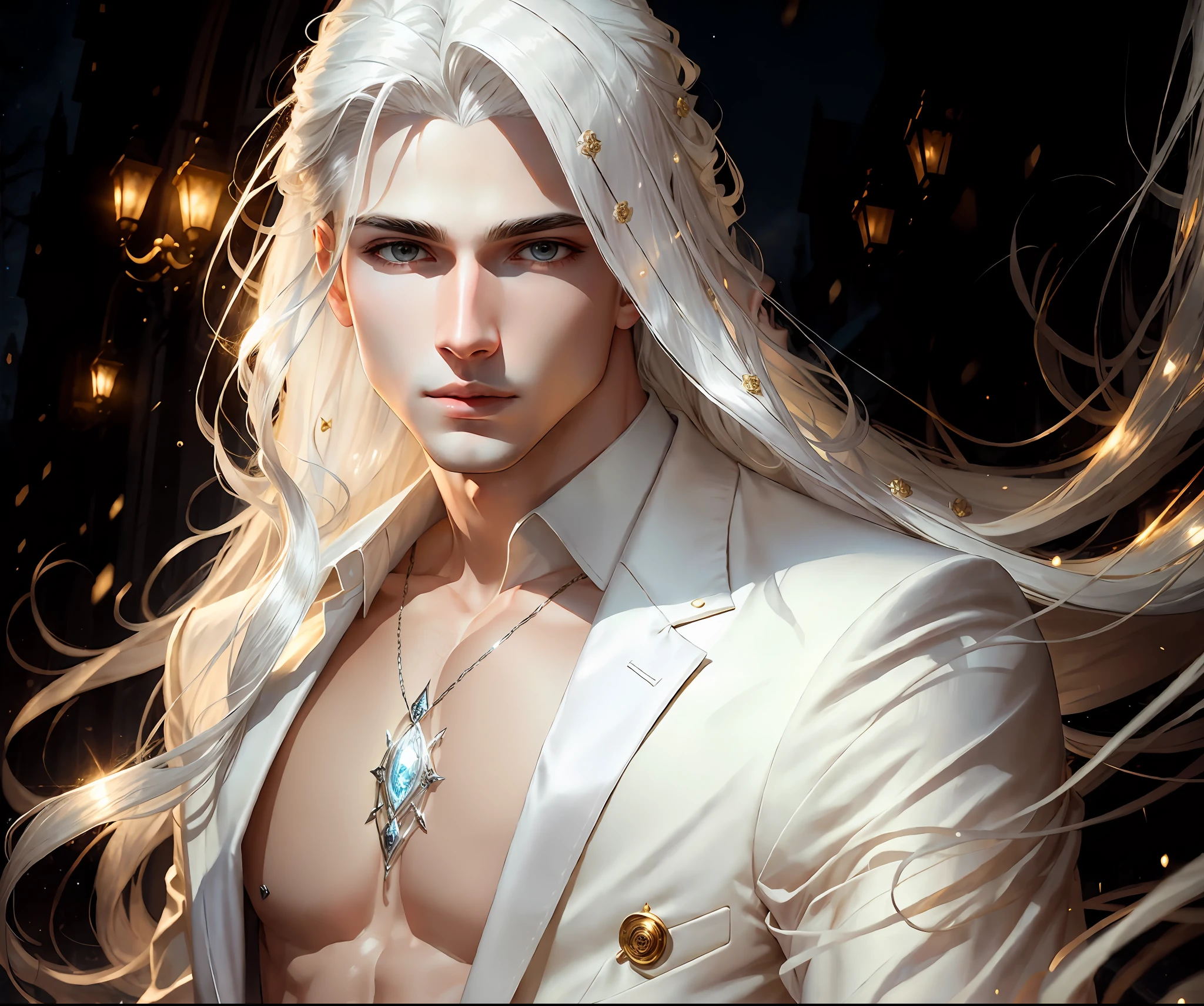 masterpiece, highest quality, (solo focus), (perfect face:1.1), (high detail:1.1),dramatic, 1guy, (pale skin), long white hair, white eyes, [light eyebrows], solo, long hair, glimmer, bokeh, ethereal, Sephiroth, moon, night, white luxury suit, covered navel, pouty lips, covered, winter detailed background, art by artgerm, cinematic lighting, roses, fashion, BalenciagaStyle