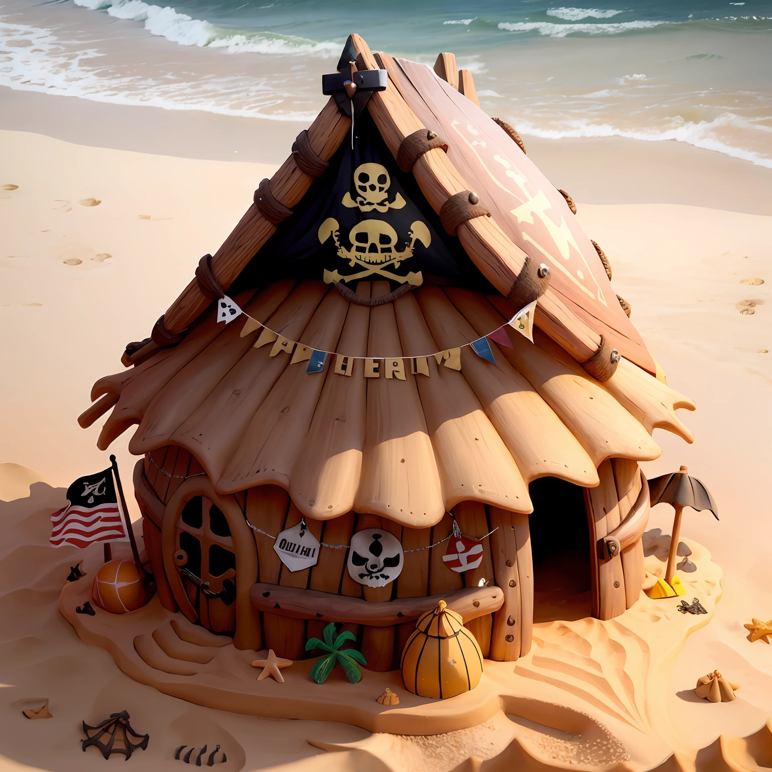anthill hut made by sand in a beach anchor, pirate flag decoration