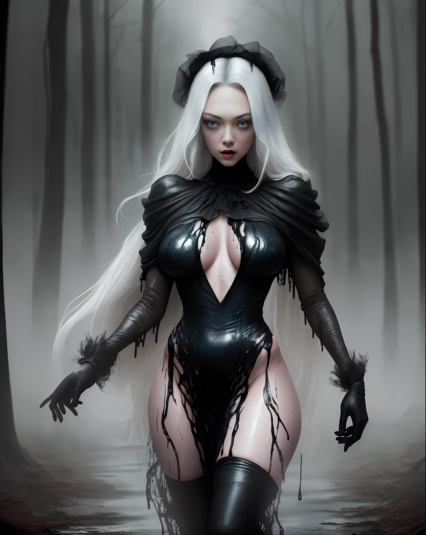 AMANDA SEYFRIED with her breasts covered in a viscous black liquid running down her body, viscous black fabric, her body and face is wet, blue eyes, white hair, thick legs, black lipstick, large voluminous and pointed breasts, dressed in viscous black fabric running down the floor, standing on the dirt floor in a dark and gloomy forest, cloudy and rainy day, swamp, slimy black gloves, lots of fog in the background, (photo with better quality, a masterpiece, sensuality and elegance, depth of field, HD, photograph taken by Sony R7 camera with 85mm Full frame lenses, f1.2 aperture), portrait style