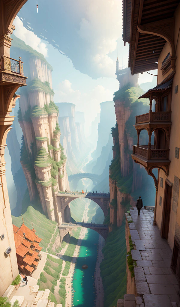((masterpiece)),((best quality)),((high detial)),((realistic,))
future game city, deep canyons in the middle, architectural streets, bazaars, Bridges, rainy days, steampunk, European architecture