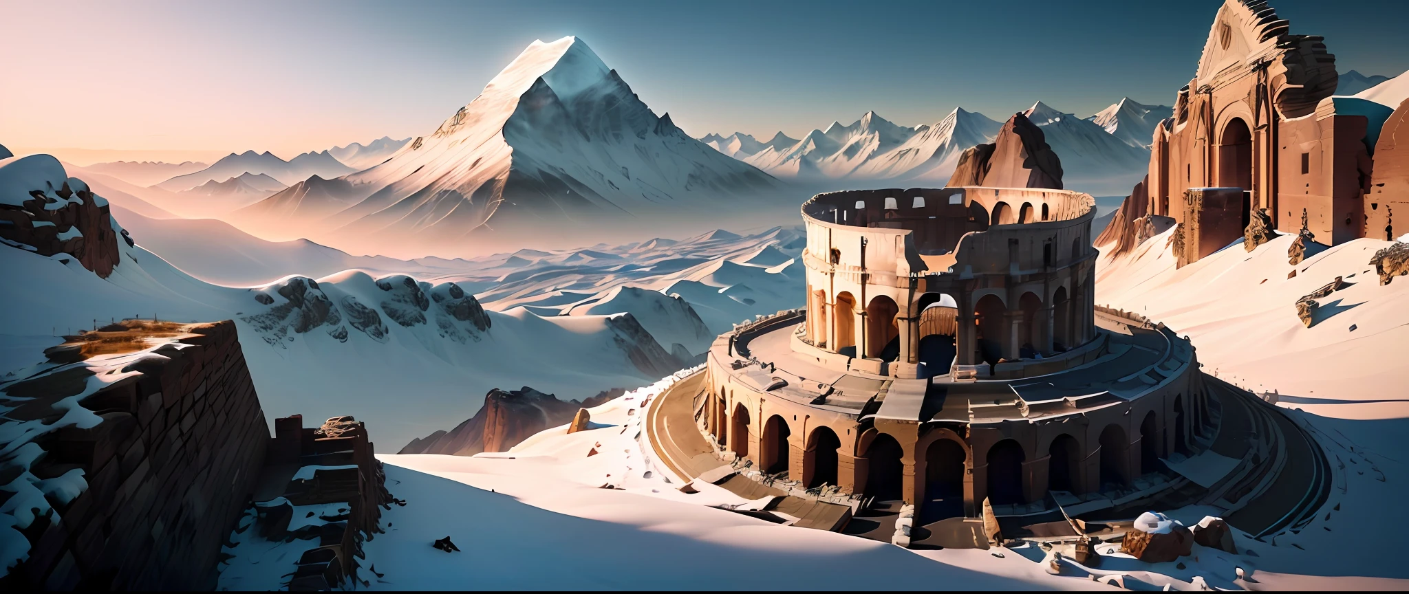 (Roman colosseum on top of a hill, himalaya mountains in background),(Phantasmal Iridescent), (Metal decoration), trending on cgsociety, photorealism, artstation hd, official art, zbrush,pastel colors, realistic 3d render, masterpiece, (extremely detailed CG unity 8k wallpaper), (best quality), (best illustration),(best shadow), realistic lighting,beautiful detailed glow, view from a distance, sense of scale