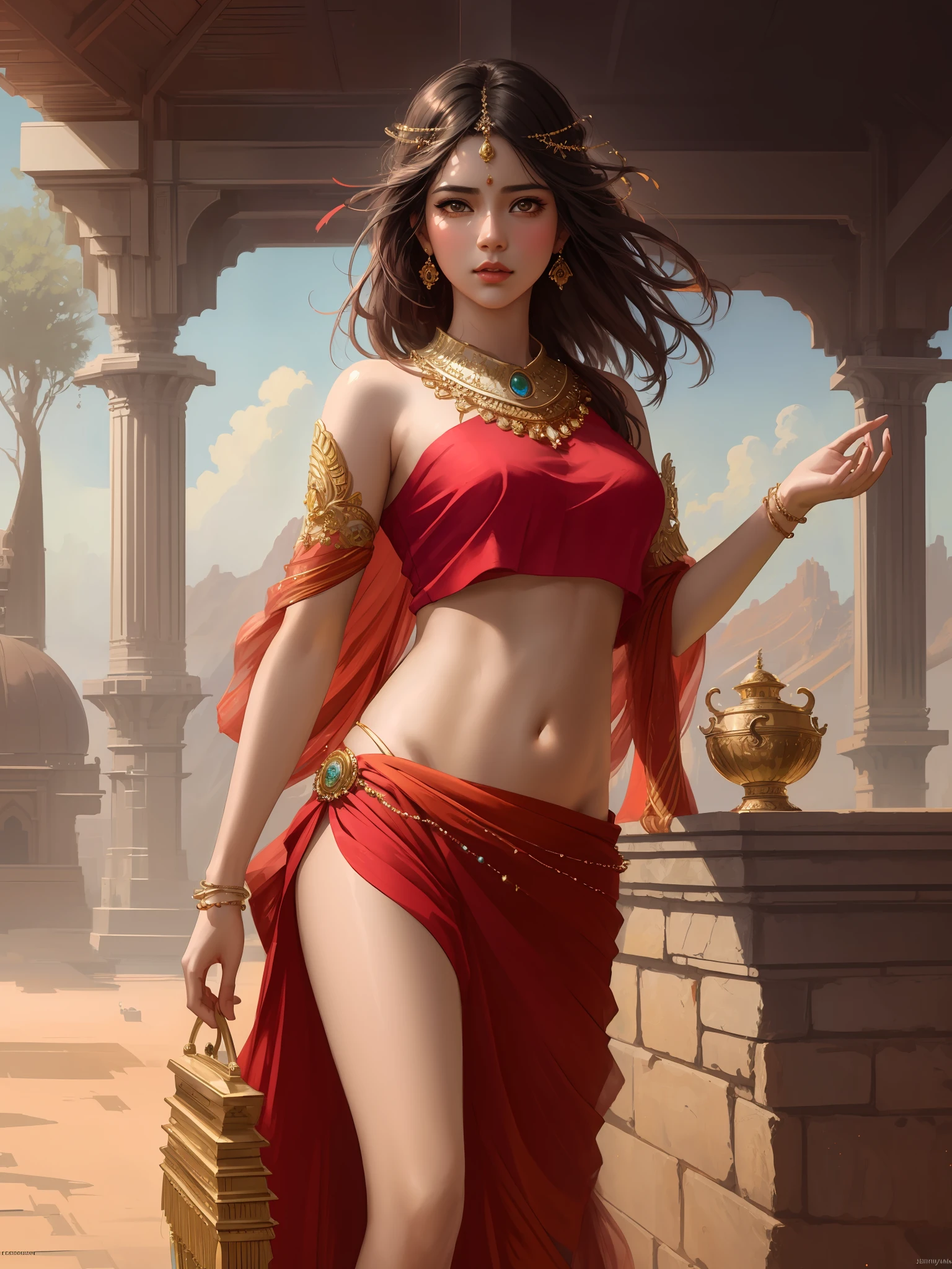 modelshoot style, (extremely detailed CG unity 8k wallpaper), full shot body photo of the most beautiful artwork in the world, stunningly beautiful photo realistic cute women in saree (navel:1.5), professional majestic oil painting by Ed Blinkey, Atey Ghailan, Studio Ghibli, by Jeremy Mann, Greg Manchess, Antonio Moro, trending on ArtStation, trending on CGSociety, Intricate, High Detail, Sharp focus, dramatic, photorealistic painting art by midjourney and greg rutkowski