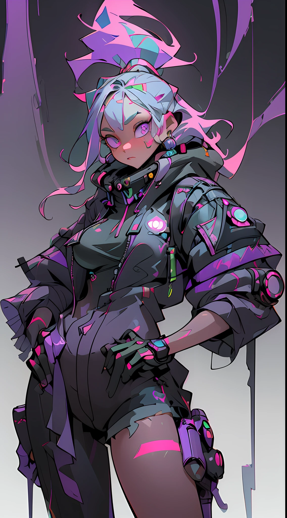 (Extremely detailed CG unity 8k wallpaper, masterpiece, best quality, super detailed), (best lighting, best shadow, extremely refined and beautiful), floating, dynamic angle, (1girl), (cyberpunk style, neon), (red: 1.3 + purple + green: 1.2+ Blue: 0.9) hair, (Cyberpunk outfit: 1.3), metallic silver accessories, glowing eyes, high resolution, 3D art, Unreal Engine 5 style, clear lines, good facial features, blue-purple gradient eyes
