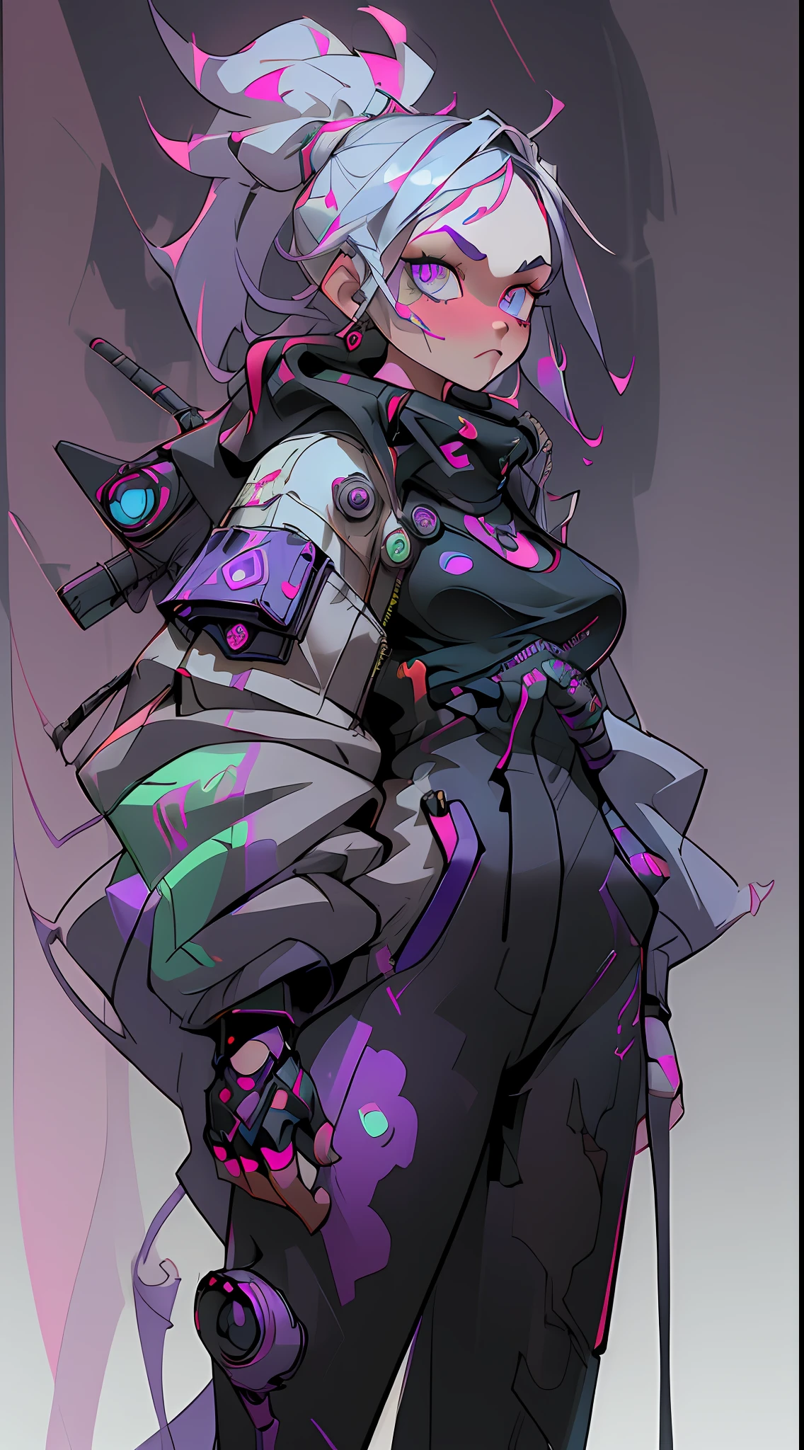 (Extremely detailed CG unity 8k wallpaper, masterpiece, best quality, super detailed), (best lighting, best shadow, extremely refined and beautiful), floating, dynamic angle, (1girl), (cyberpunk style, neon), (red: 1.3 + purple + green: 1.2+ Blue: 0.9) hair, (Cyberpunk outfit: 1.3), metallic silver accessories, glowing eyes, high resolution, 3D art, Unreal Engine 5 style, clear lines, good facial features, blue-purple gradient eyes