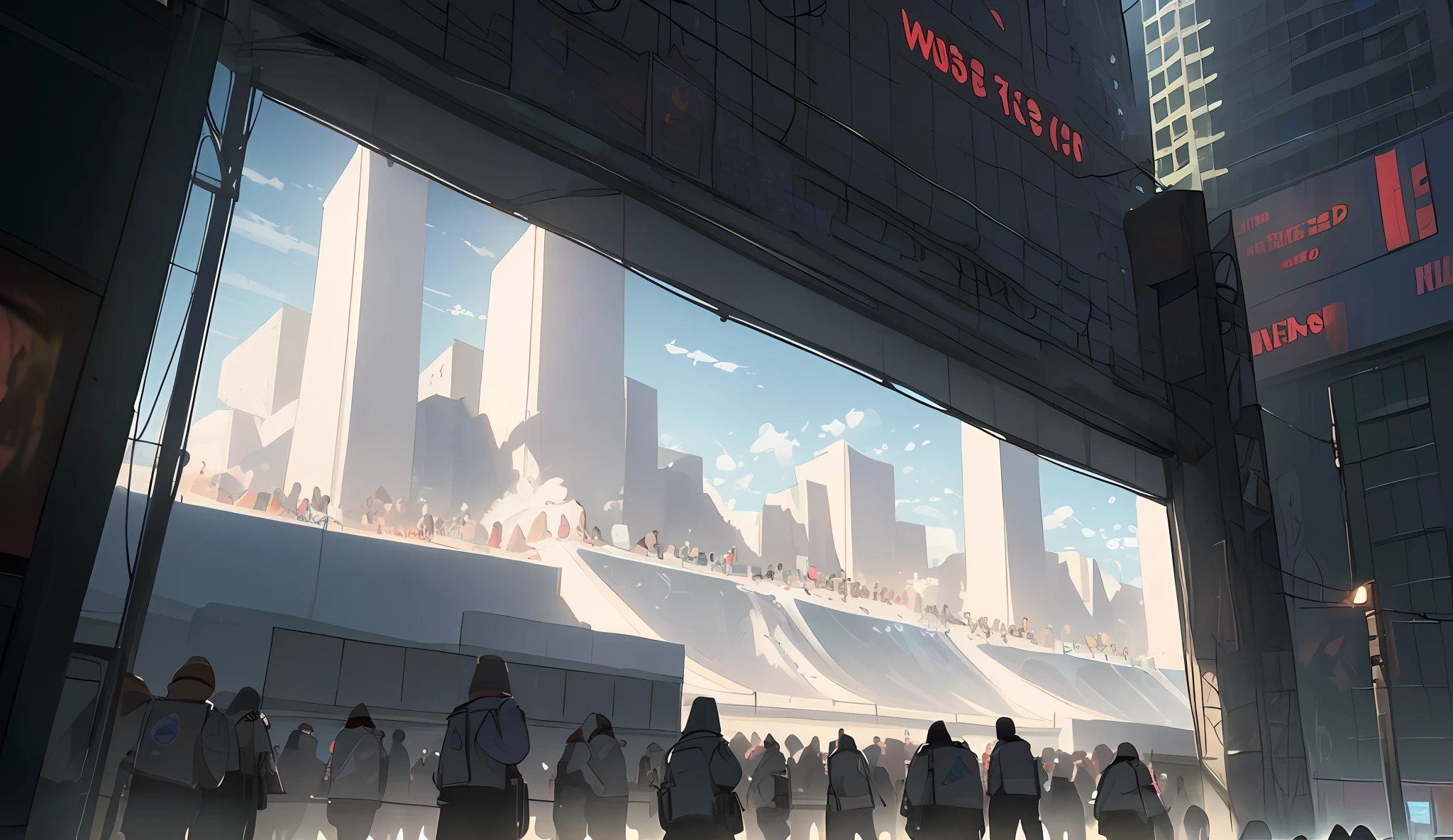 Epic photorealism, photorealism, maximum detail, masterpiece, crowds of people, (((screen white))) , boxes