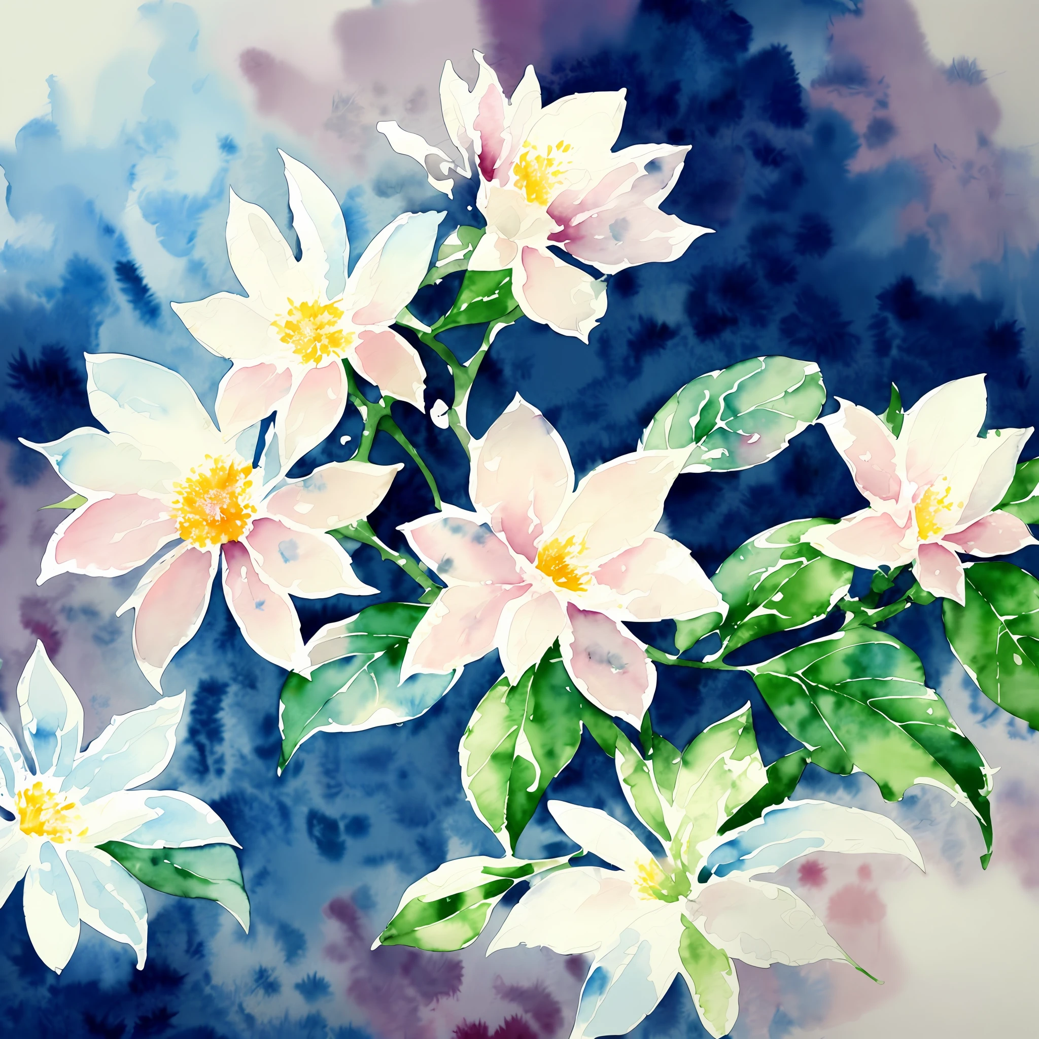 watercolor, flower, beautiful, watercolor style, flower and leaf patterns, wet on wet technique, muted, indigo, fabric design, flat illustration, highly detailed clean, vector image, masterpiece, professional, isometric, bright vector, white background, dry brush, brush strokes, painted on canvas, by J.M.W. Turner. expressive marks.