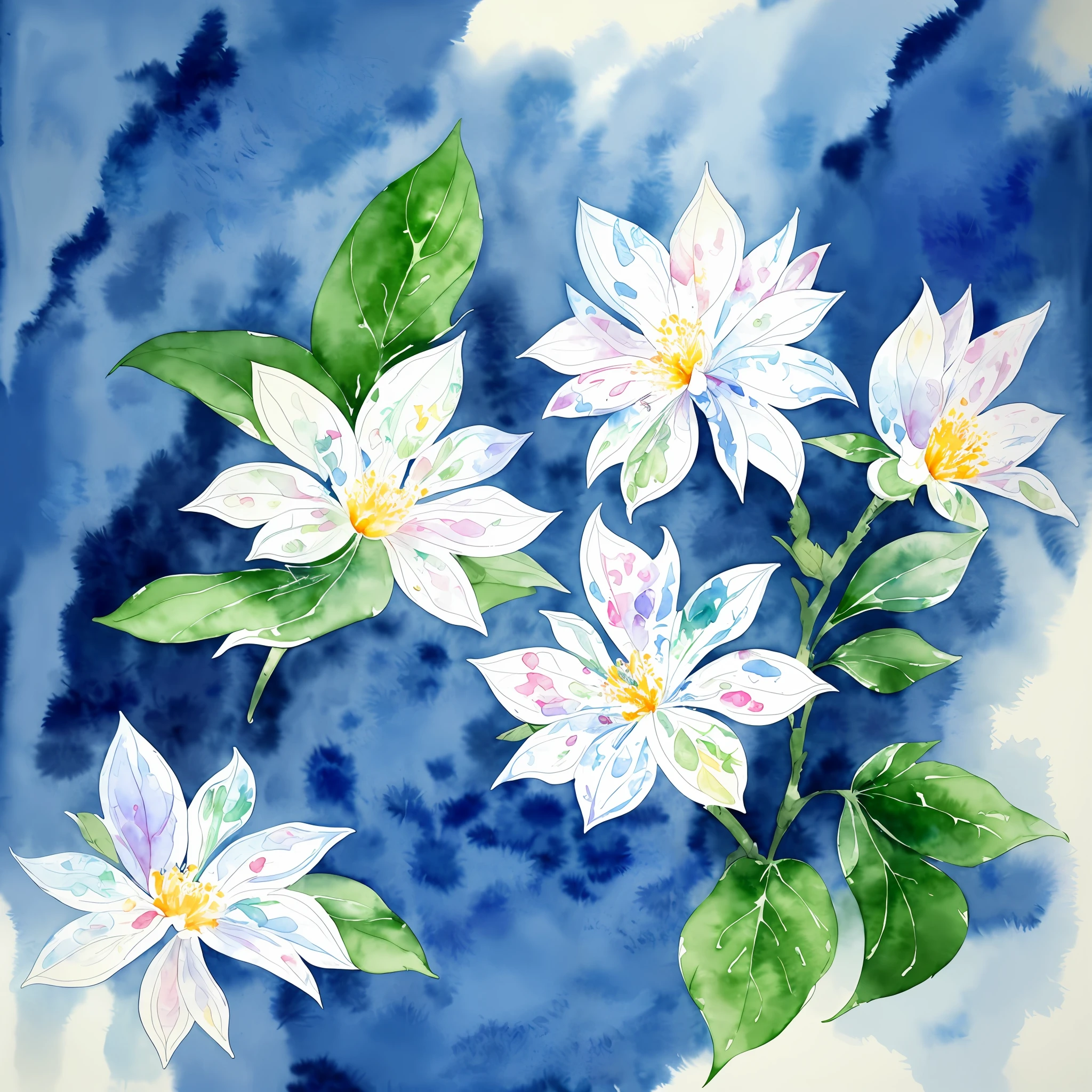 watercolor, flower, beautiful, watercolor style, flower and leaf patterns, wet on wet technique, muted, indigo, fabric design, flat illustration, highly detailed clean, vector image, masterpiece, professional, isometric, bright vector, white background, dry brush, brush strokes, painted on canvas, by J.M.W. Turner. expressive marks.