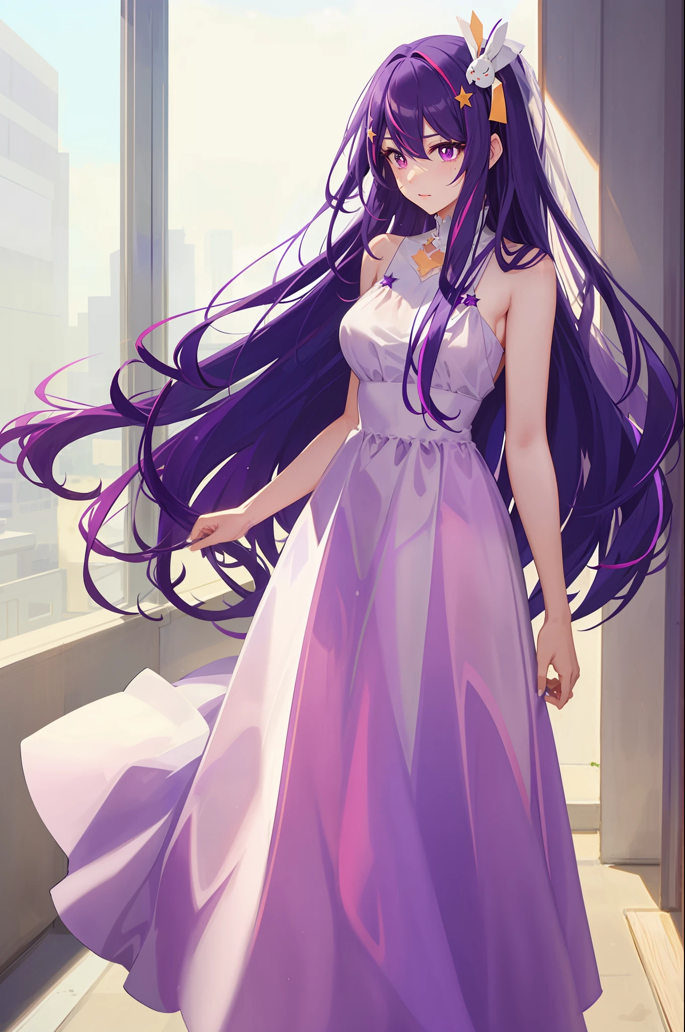 pulledwedgie,pulled by self,wedgie,
Hoshino Ai, long hair, purple hair, streaked hair ,purple eyes, star-shaped pupils, hair ornament, wedding dress