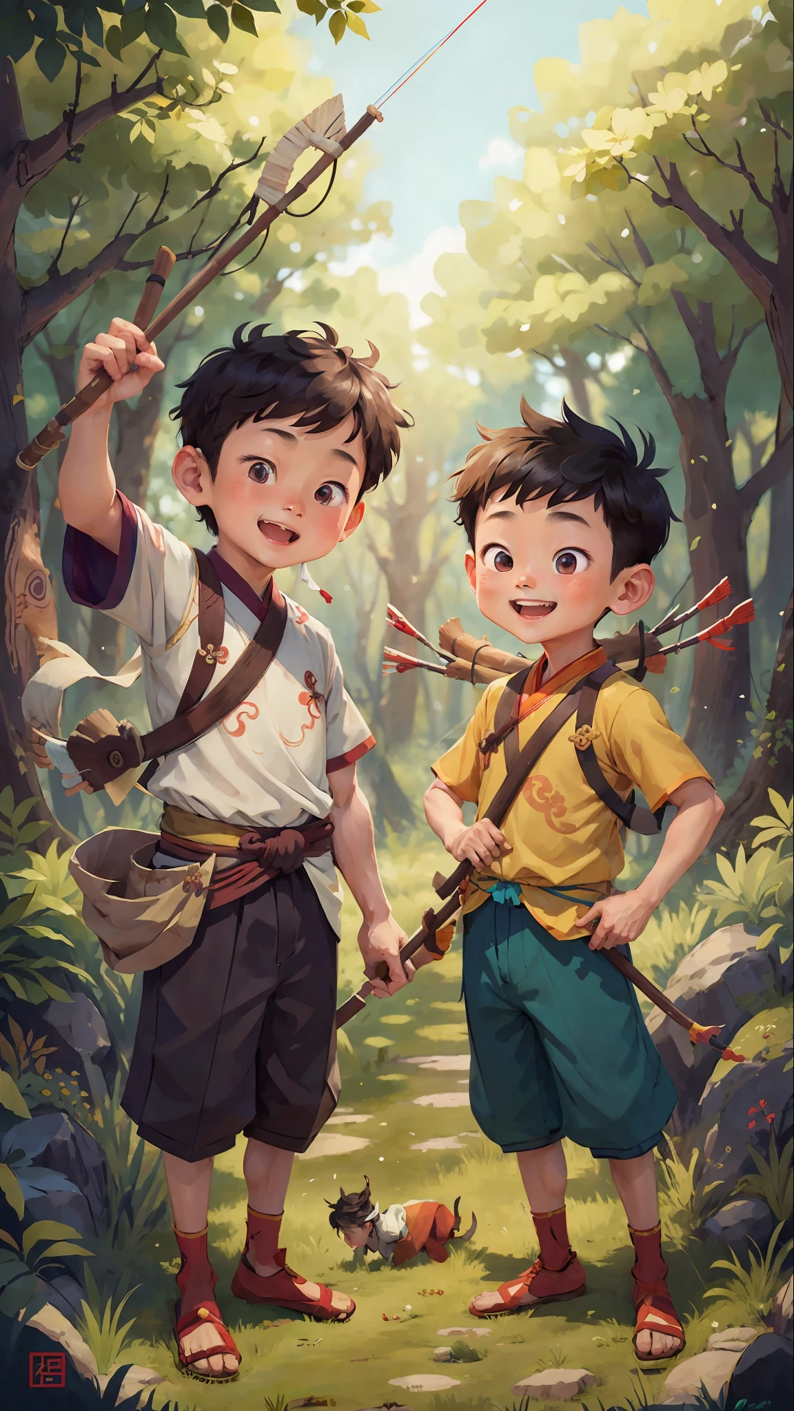 Poster design, (SFW), two boys in ancient Chinese clothes, happy, holding bow and arrows in hand, forest in background, perfect quality, clear focus, colorful, perfect face, intricate details, ultra-low viewing angle, wide angle lens