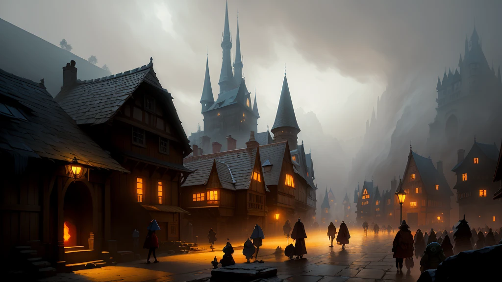 there are many people walking around a town in the fog, andreas rocha style, inspired by Andreas Rocha, painted by andreas rocha, by Andreas Rocha, the style of andreas rocha, medeival fantasy town, andreas rocha and john howe, d & d fantasy digital painting, fantasy town setting, medieval concept art, a bustling magical town