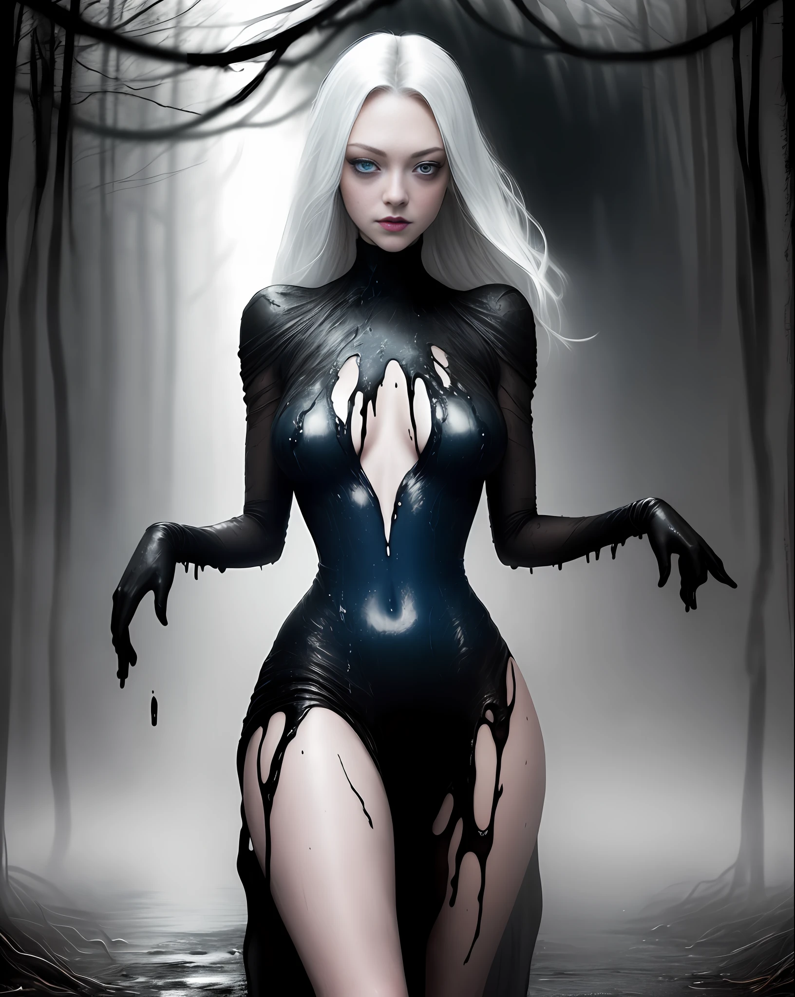 AMANDA SEYFRIED with her breasts covered by a viscous black liquid running down her body, viscous black fabric, her body and face is wet, blue eyes, white hair, black lipstick, dress of viscous black fabric running down the floor, standing on the dirt floor in a dark and gloomy forest, cloudy and rainy day, swamp, slimy black gloves, lots of fog in the background, (photo with better quality, a masterpiece, sensuality and elegance, depth of field, HD, photograph taken by Sony R7 camera with 85mm Full frame lenses, f1.2 aperture), portrait style