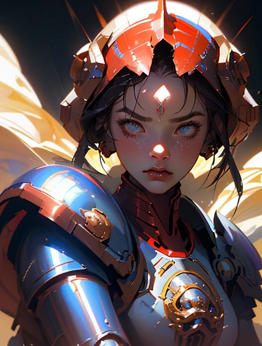 Portrait of a Space Marine woman, pronounced feminine feature, red and blue heavy armor, in the desert, detailed, cinematic composition, power armor, intricate details, eerie, highly detailed, 8k, art by artgerm and greg rutkowski and alphonse mucha, poor quality photo, blurry, reflective metal