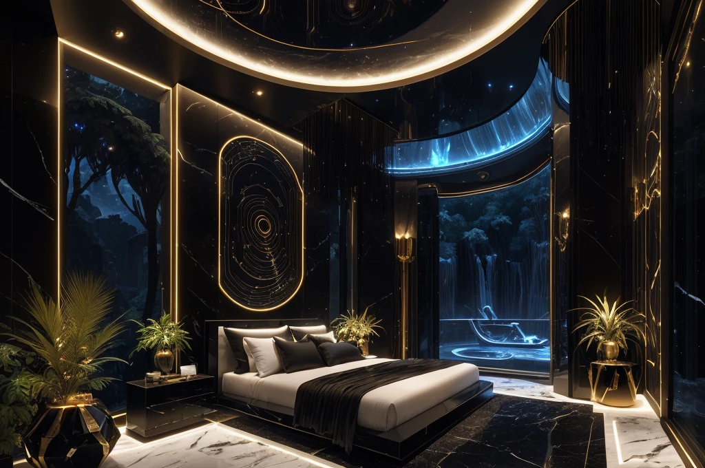 incredible black luxurious futuristic bedroom interior in Ancient Egyptian style with many ((lush plants)) (lotus flowers), ((palm trees)), rocky walls, (sand), ((waterfalls)) (marble), ((precious minerals)), ((metals)), (gemstones), crystals, clouds and (water), (curvy futuristic furniture), (hieroglyphics), ((trees and plants made out of gemstones and precious minerals and lights)), crocodiles, (((ultra luxury))), (black marble) – with ((beautiful lights)), Unreal Engine, HQ, 16k