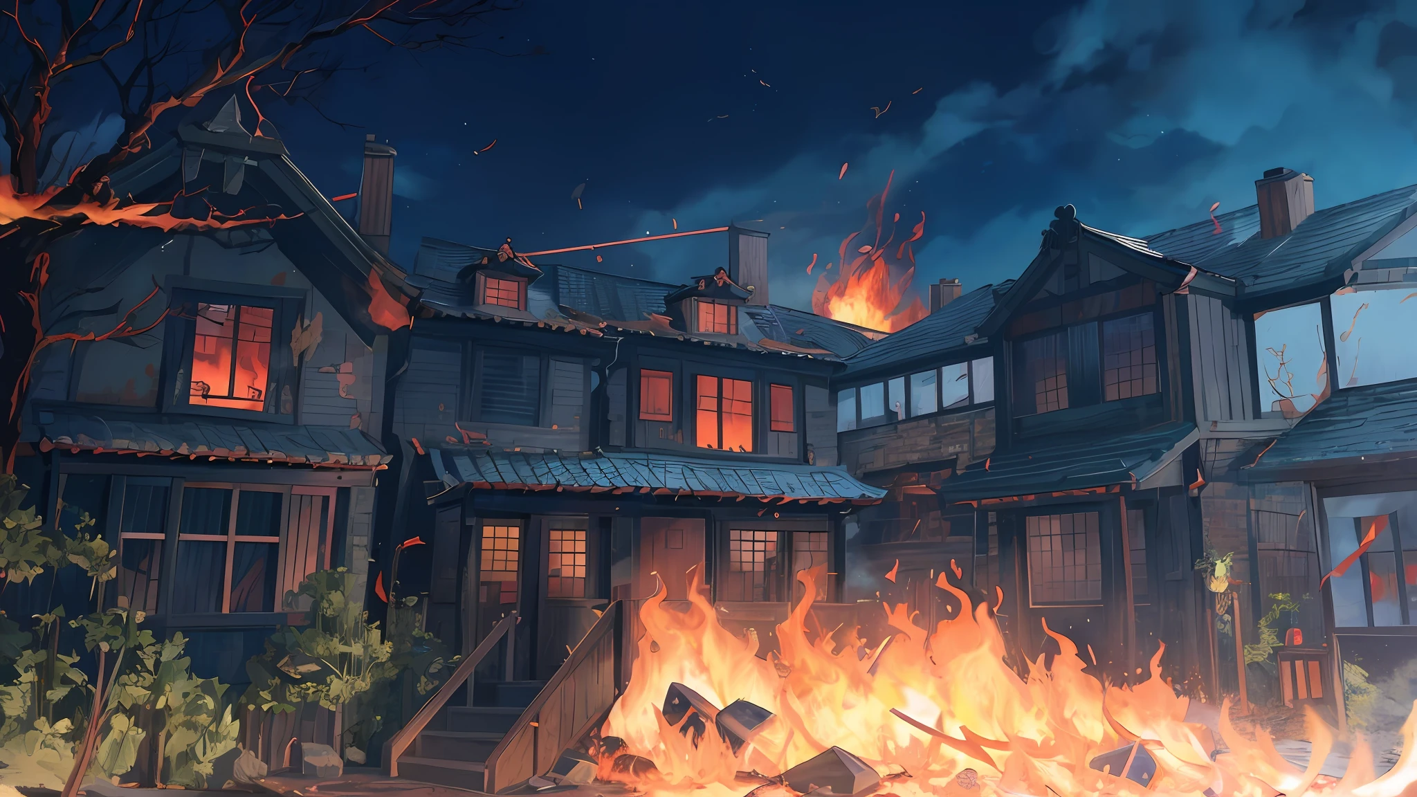 a burning house, kimetsu no yaiba, demon slayer rui fanart, anime still background , today's featured anime still, flames, burning houses , fire, burn, demon slayer artstyle, in the anime film, official art, anime still, anime still film anime shikishi, official studio anime still, still from tv anime