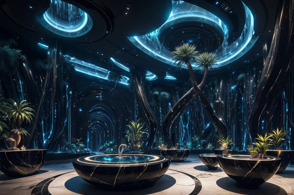 incredible black luxurious futuristic interior in Ancient Egyptian style with many ((lush plants)) (lotus flowers), ((palm trees)), rocky walls, (sand), ((waterfalls)) (marble), ((precious minerals)), ((metals)), (gemstones), crystals, clouds and (water), ((curvy futuristic furniture)), (hieroglyphics), ((trees and plants made out of gemstones and precious minerals and lights)), crocodiles, (((ultra luxury))), (black marble) – with ((beautiful lights)), Unreal Engine, HQ, 16k