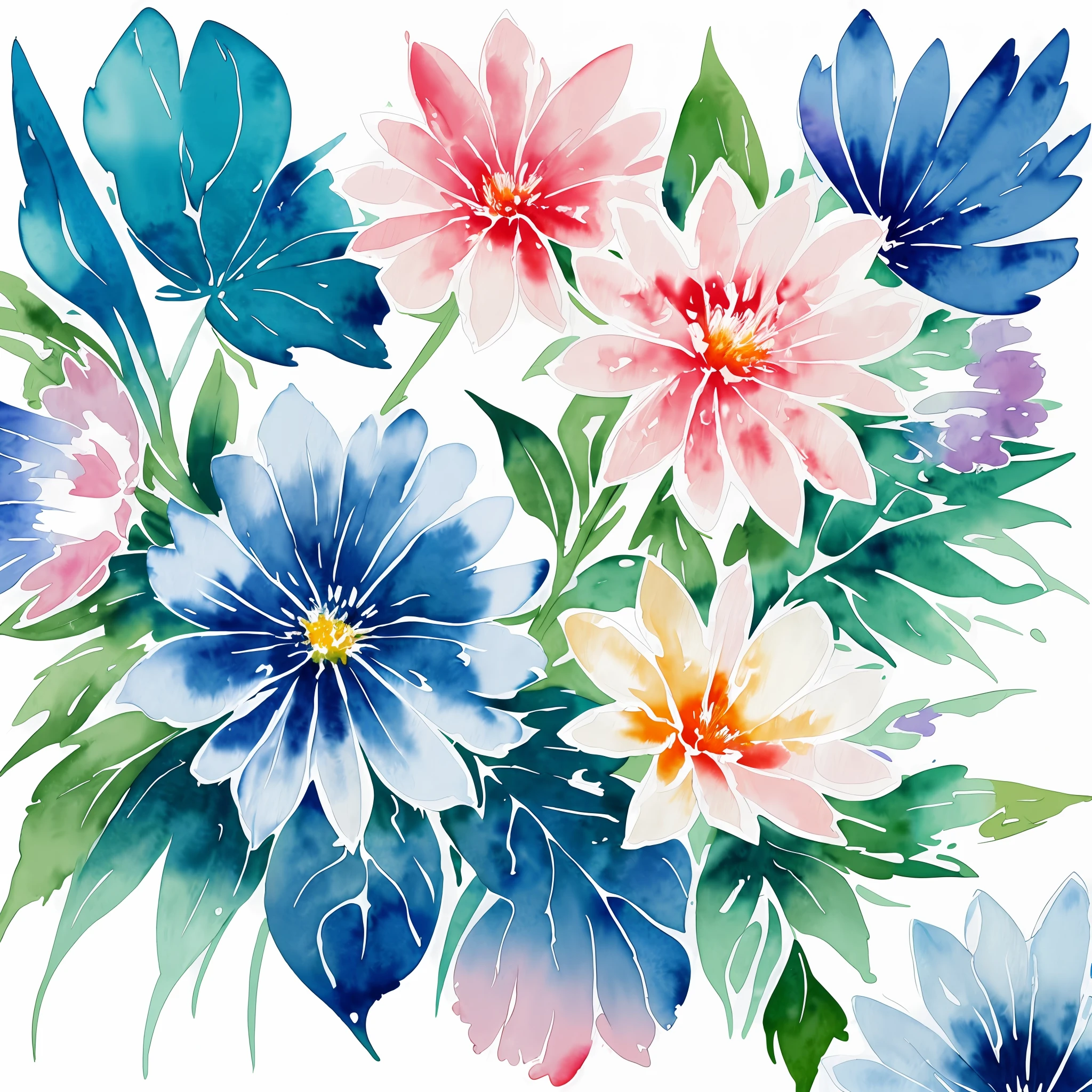 watercolor, flower, beautiful, watercolor style, flower and leaf patterns, wet on wet technique, muted, indigo, fabric design, flat illustration, highly detailed clean, vector image, masterpiece, professional, isometric, bright vector, white background, dry brush, brush strokes, painted on canvas, by J.M.W. Turner. expressive marks.