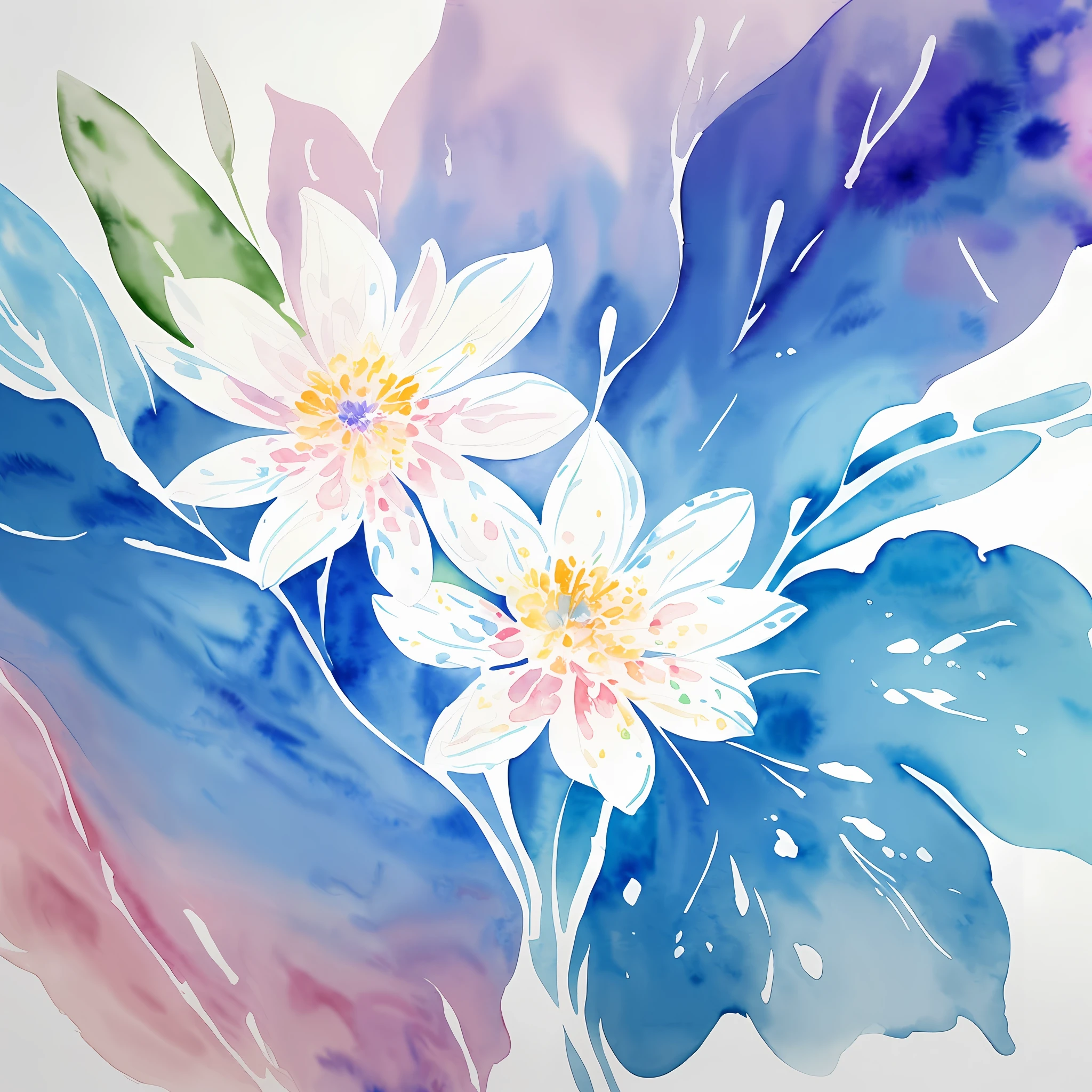 watercolor, flower, beautiful, watercolor style, flower and leaf patterns, wet on wet technique, muted, indigo, fabric design, flat illustration, highly detailed clean, vector image, masterpiece, professional, isometric, bright vector, white background, dry brush, brush strokes, painted on canvas, by J.M.W. Turner. expressive marks.