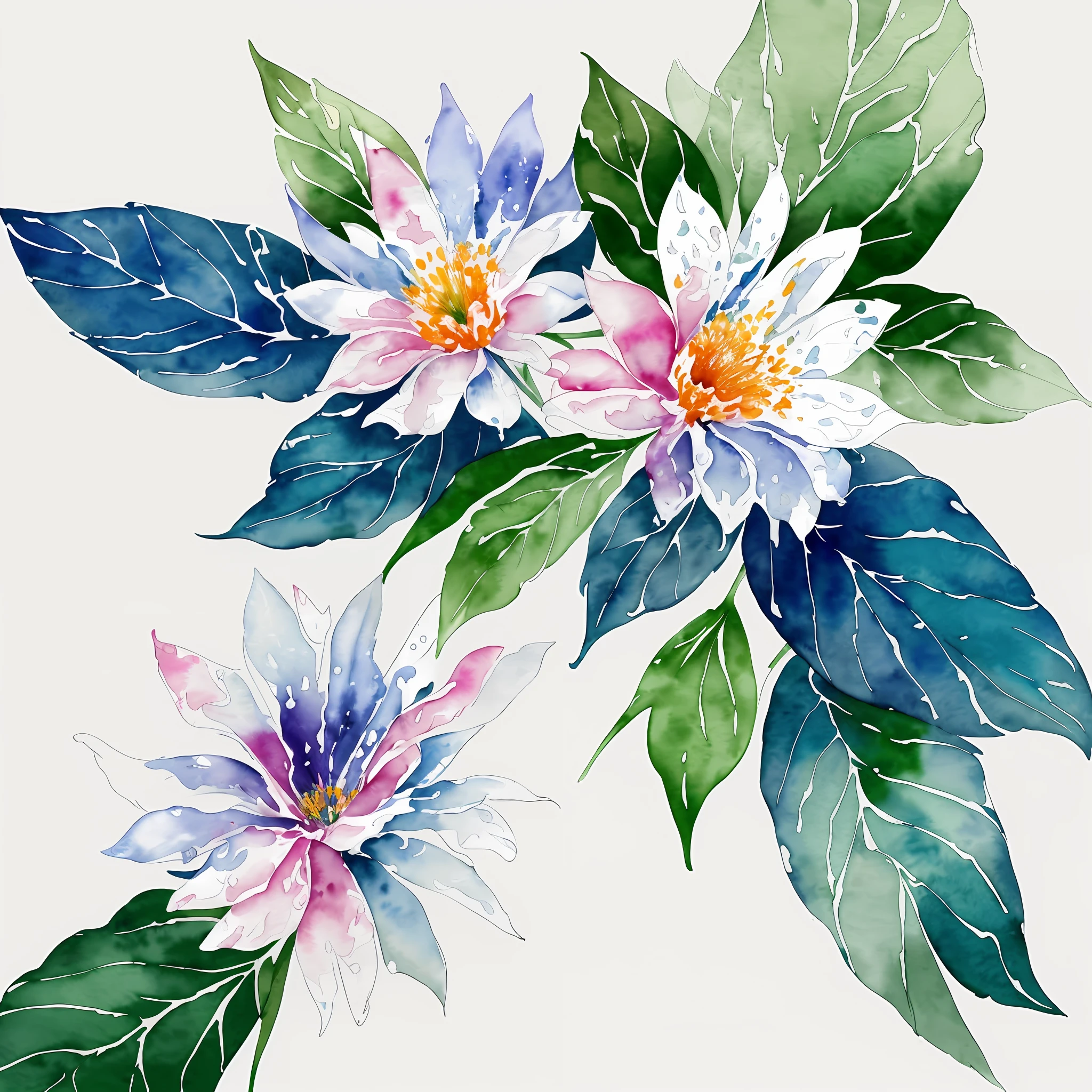 watercolor, flower, beautiful, watercolor style, flower and leaf patterns, wet on wet technique, muted, indigo, fabric design, flat illustration, highly detailed clean, vector image, masterpiece, professional, isometric, bright vector, white background, dry brush, brush strokes, painted on canvas, by J.M.W. Turner. expressive marks.