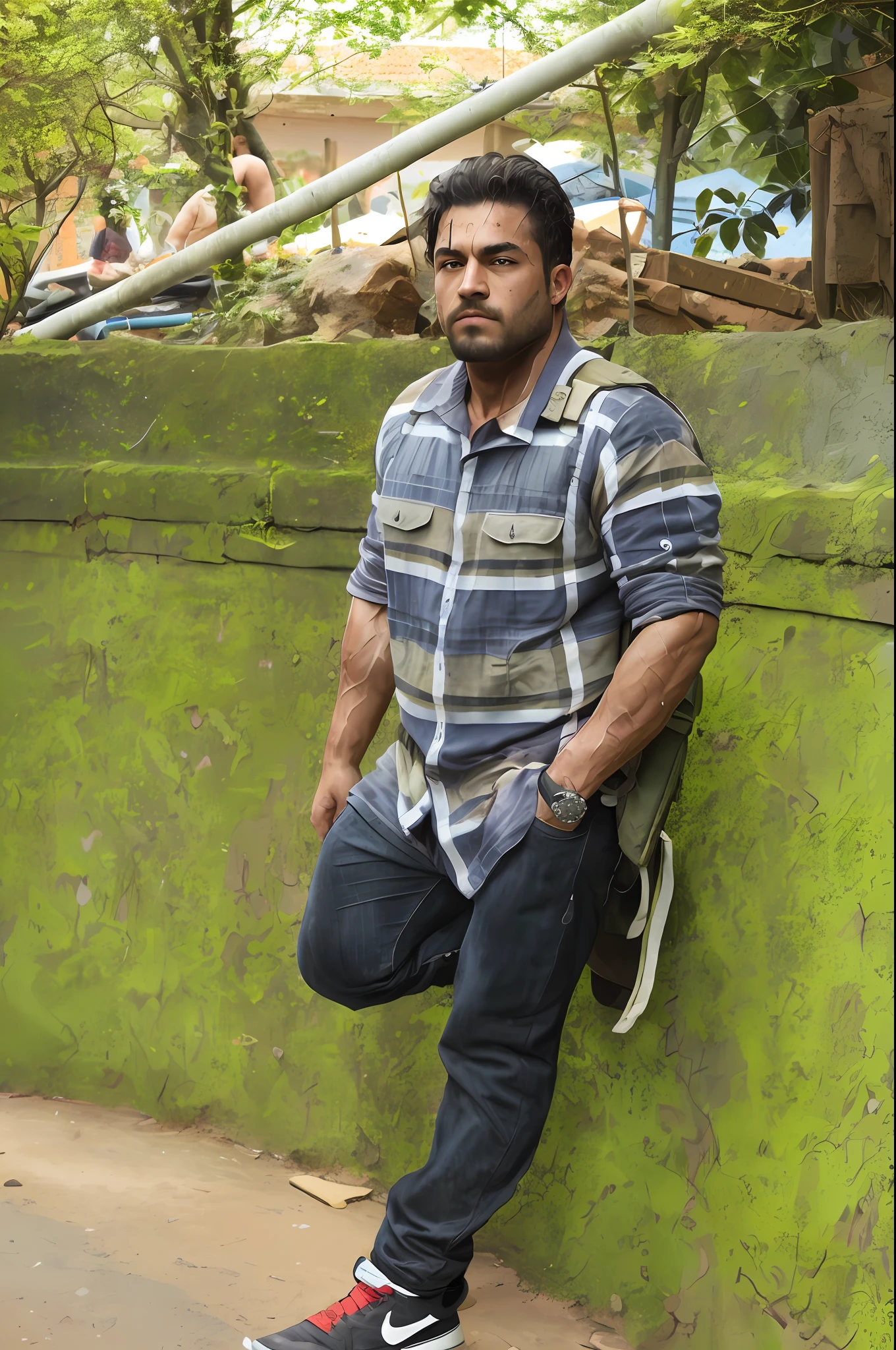 strong muscular man, street angry, backpack, epic realistic, photo, faded, complex stuff around, intricate background, soaking wet, neutral colors, ((((hdr)))), ((((muted colors)))), intricate scene, artstation, intricate details, vignette