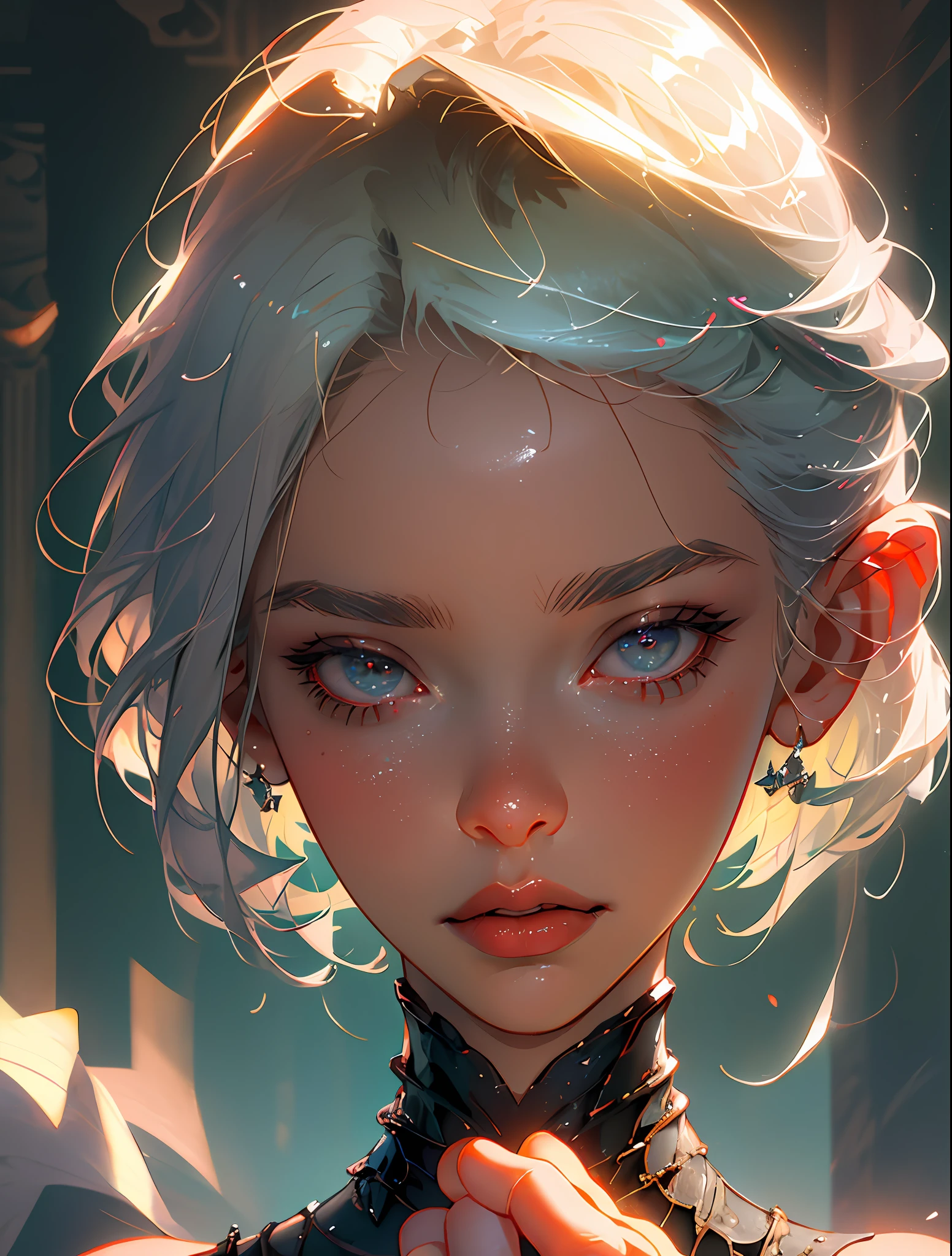 Extreme close-up portrait featuring photorealistic rendering with dynamic lighting. Focus on the face with zoomed-in effect, highlighting the beauty of silver hair, pixie cut hair, wolf cut hair