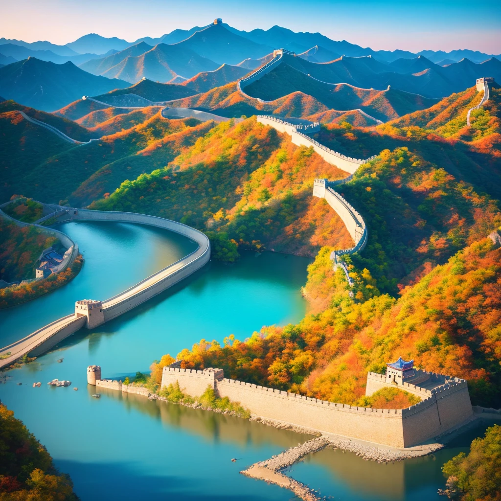 (Digital Painting), (Best Quality), Beijing, Majestic Great Wall, Best Quality, Masterpiece, High Painting, Ink Bisim, Wuchangshuo, Bonian, Zhenbanqiao, Badarshan People, Mountain Horizon, River, Forest, Village, Sunset, Popular Deviant Art, Ultra-realistic 8K, Soft Colors, Soft Lighting, Golden Hour, Calm Atmosphere, Horizontal
