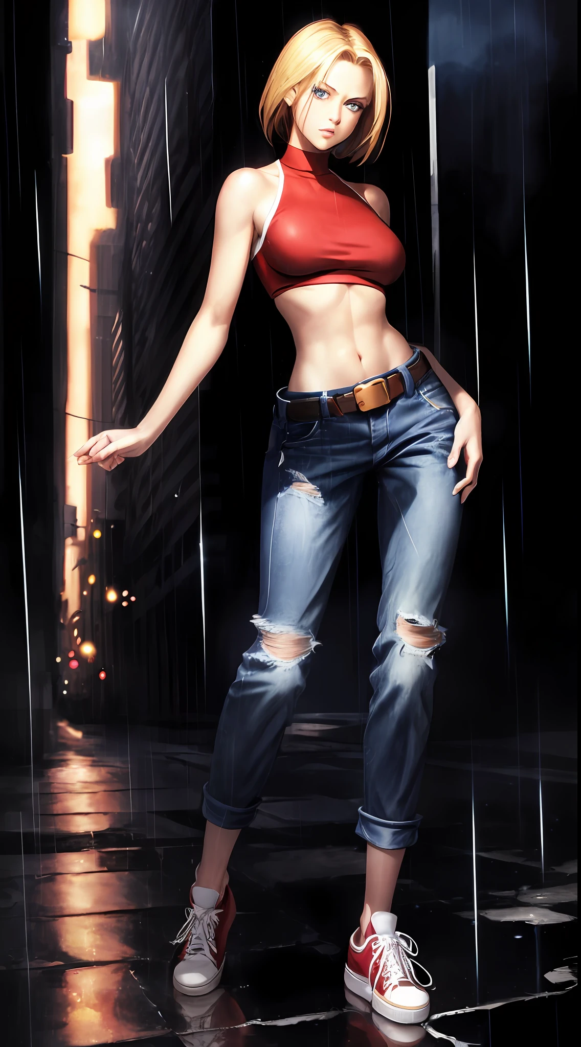 Maryms, Best Quality, (Beauty), Masterpiece, 1 female, Real rendering, Thin waist, Big eyes, (Small breasts), Puffy eyes, Night, (Rain Castle), Brightened skin, facing the audience, Determined expression, facing the camera, red top, jeans, street background, full body, ((flats)) ((sneakers)),