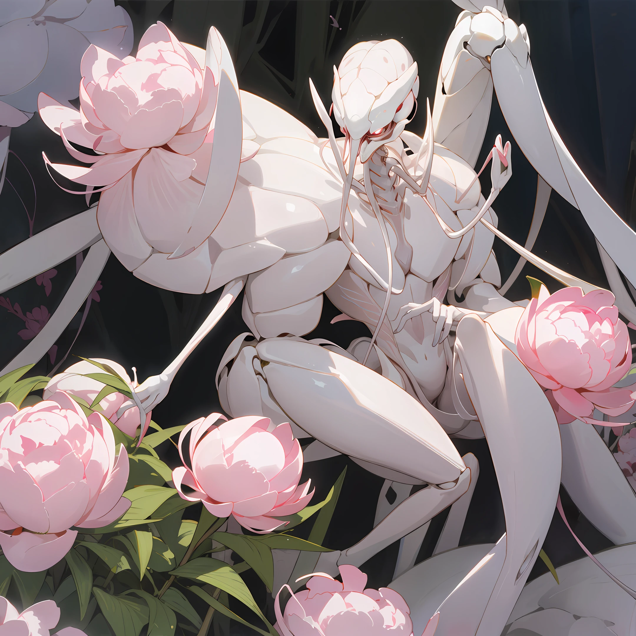 white mantis on a peony anthill fantasy