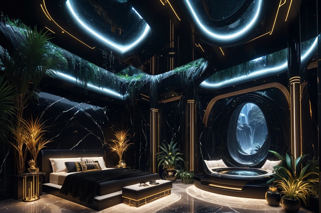 incredible black luxurious futuristic bedroom interior in Ancient Egyptian style with many ((lush plants)) (lotus flowers), ((palm trees)), rocky walls, (sand), ((waterfalls)) (marble), ((precious minerals)), ((metals)), (gemstones), crystals, clouds and (water), ((curvy futuristic furniture)), (hieroglyphics), ((trees and plants made out of gemstones and precious minerals and lights)), crocodiles, (((ultra luxury))), (black marble) – with ((beautiful lights)), Unreal Engine, HQ, 16k