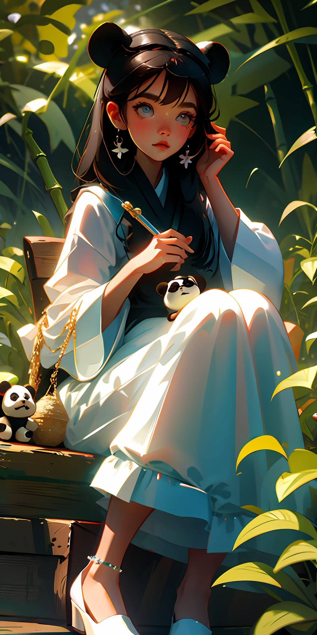 (best quality, masterpiece), *********** girl with big watery eyes, upper body, delicate shoes, delicate hair, panda, cute black and white clothes, bamboo, small tiger teeth, popmart blind box, clay texture, clean background, natural light, best quality, ultra detail, 3d art, c4d, blender, oc renderer, 3d render, 8k