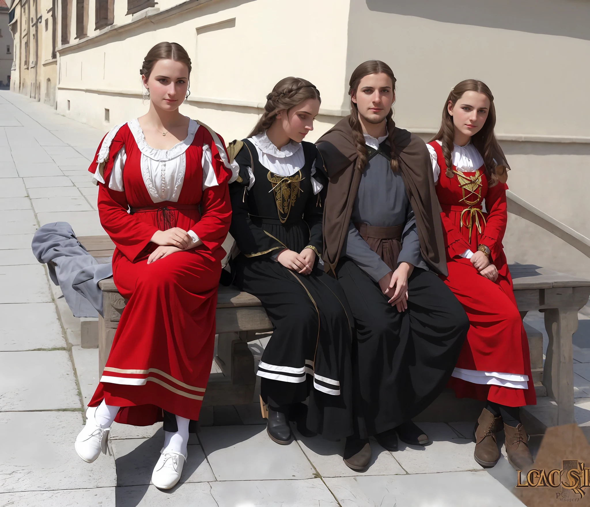 there are three people sitting on a bench together on the sidewalk, dressed in medieval clothes, wearing medieval clothes, sqare-jawed in medieval clothing, medieval style, medieval clothes, medieval!!, in legnica, inspired by Pál Szinyei Merse, in a renaissance style, medieval robes, in a high renaissance style