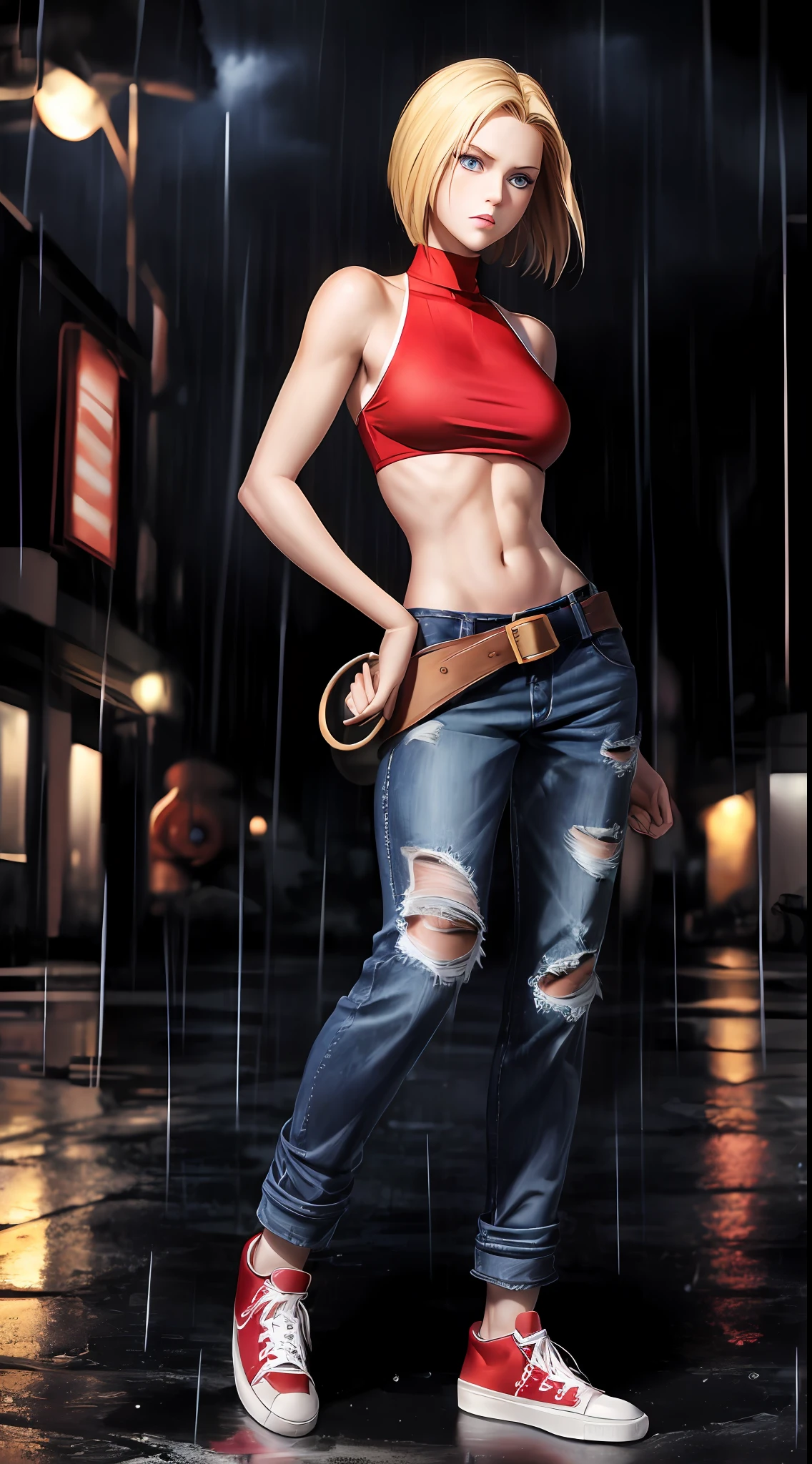 Maryms, Best Quality, (Beauty), Masterpiece, 1 female, Physical rendering, Thin waist, Big eyes, (Small breasts), Puffy eyes, Night, (Rain Castle), Brightened skin, facing the audience, determined expression, facing the camera, red top, jeans, street background, full body, (flat shoes) (sneakers),