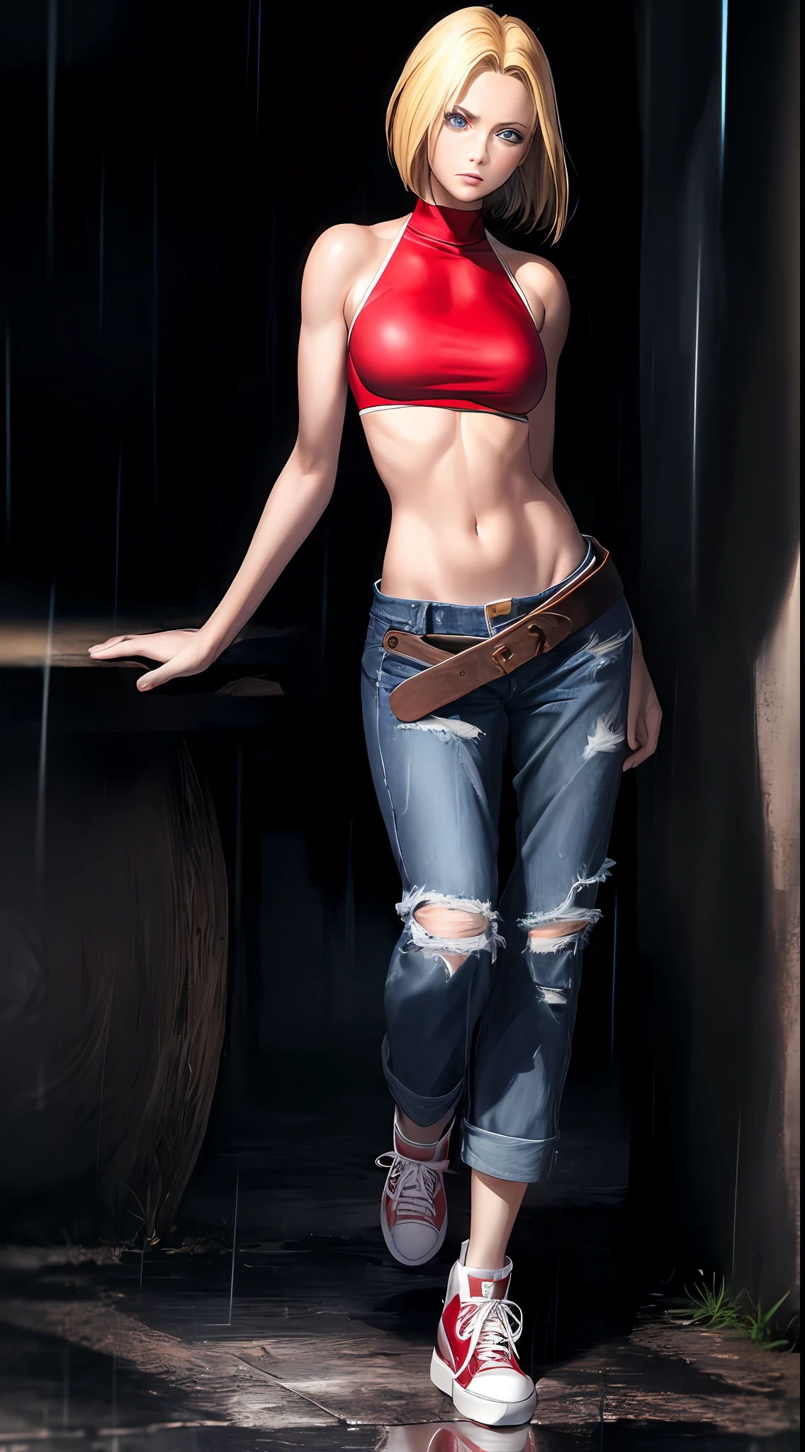 Maryms, Best Quality, (Beauty), Masterpiece, 1 female, Physical rendering, Thin waist, Big eyes, (Small breasts), Puffy eyes, Night, (Rain Castle), Brightened skin, facing the audience, determined expression, facing the camera, red top, jeans, street background, full body, (flat shoes) (sneakers),