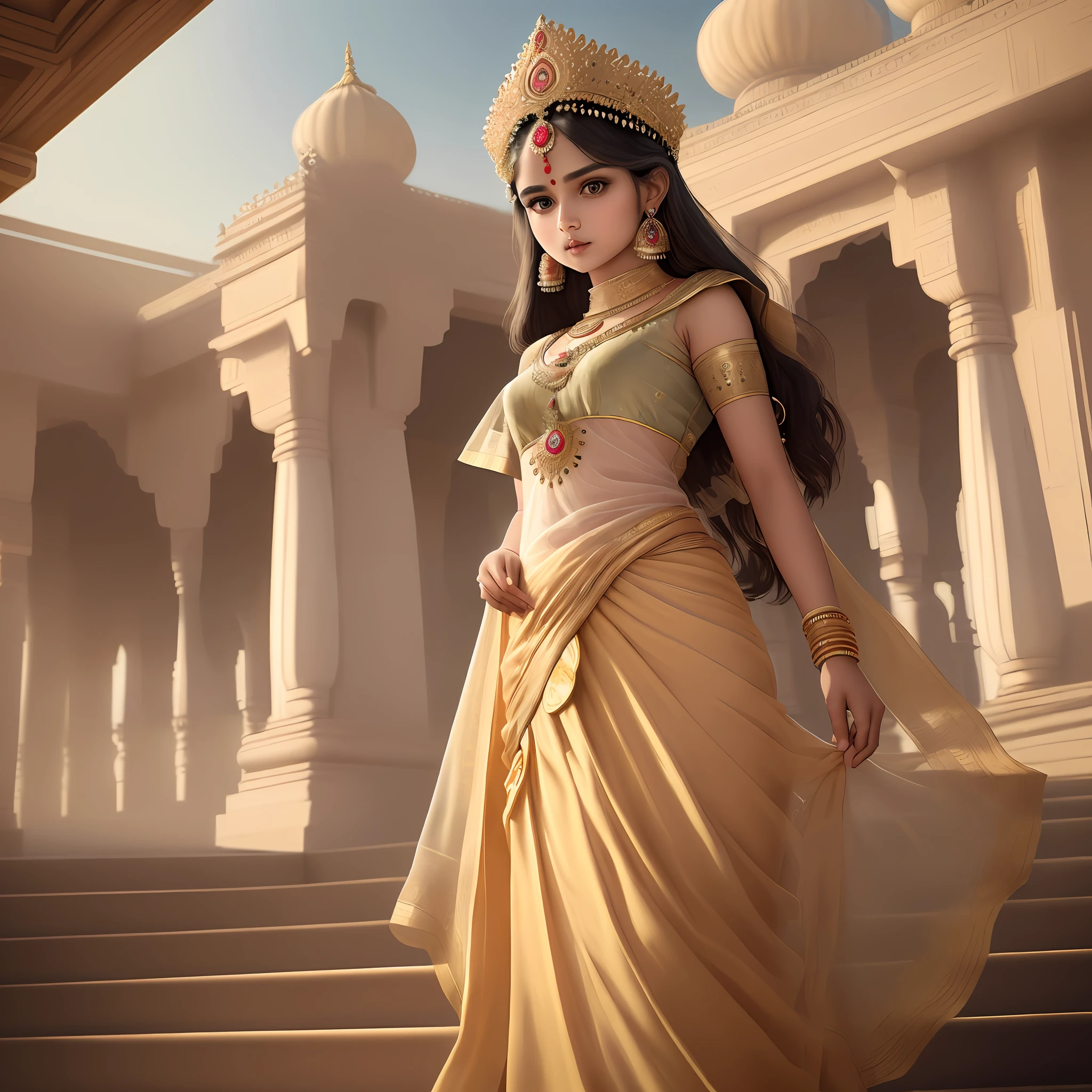 (8k, RAW photo, best quality, masterpiece: 1.2), (realistic, photo-realistic: 1.37), 1 girl, beautiful, dress from India, saree, (solo), detailed face, round face, long, slender, small hair, gold jewelry, standing on the palace stairs ((Indian Palace Royale background)),