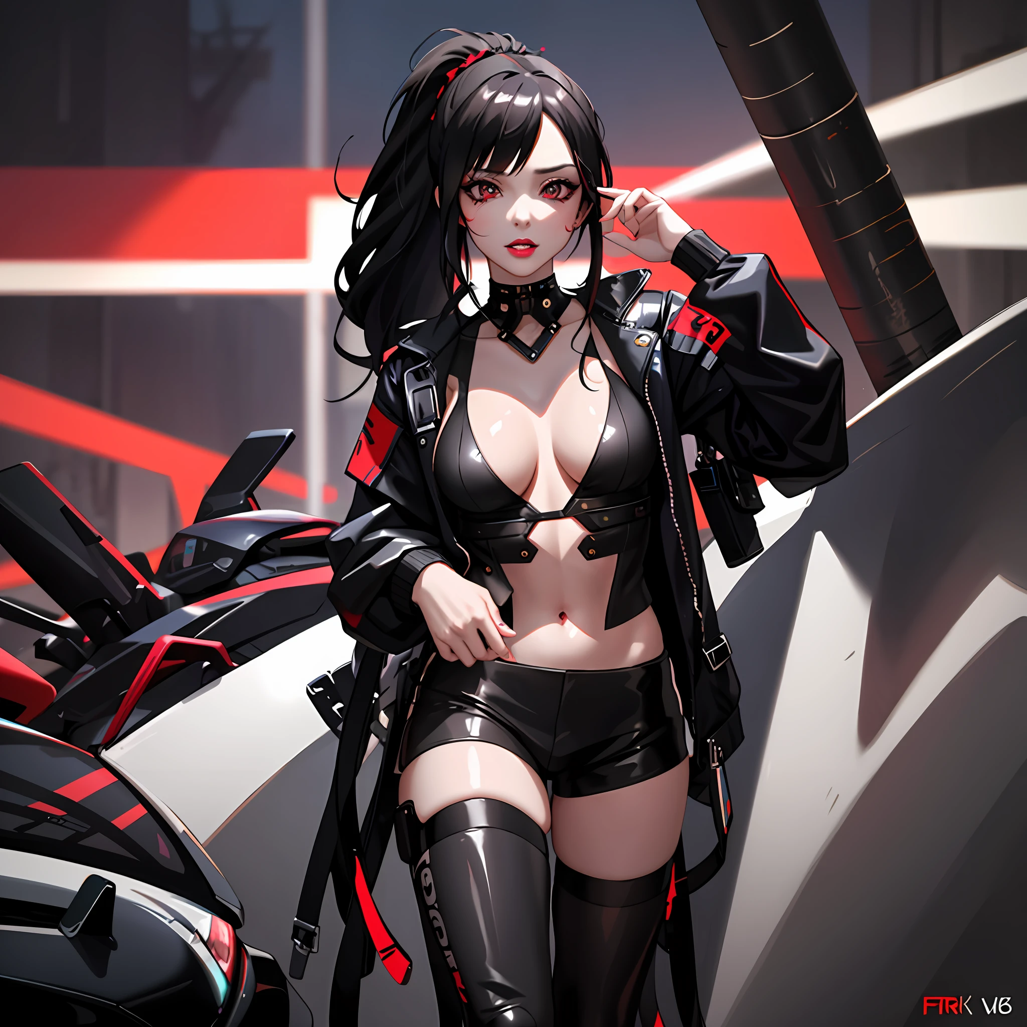 the girl from the reference image in several sensual poses, long dark hair with ponytail on top, side bangs, dark eyeline, defined face, makeup, lipstick, fair skin, small boobs, cyberpunk theme, "Masterpiece, high quality, detailed, high resolution, 4k, 8k, realistic skin texture, amazing shadows, perfect lighting, realistic."
