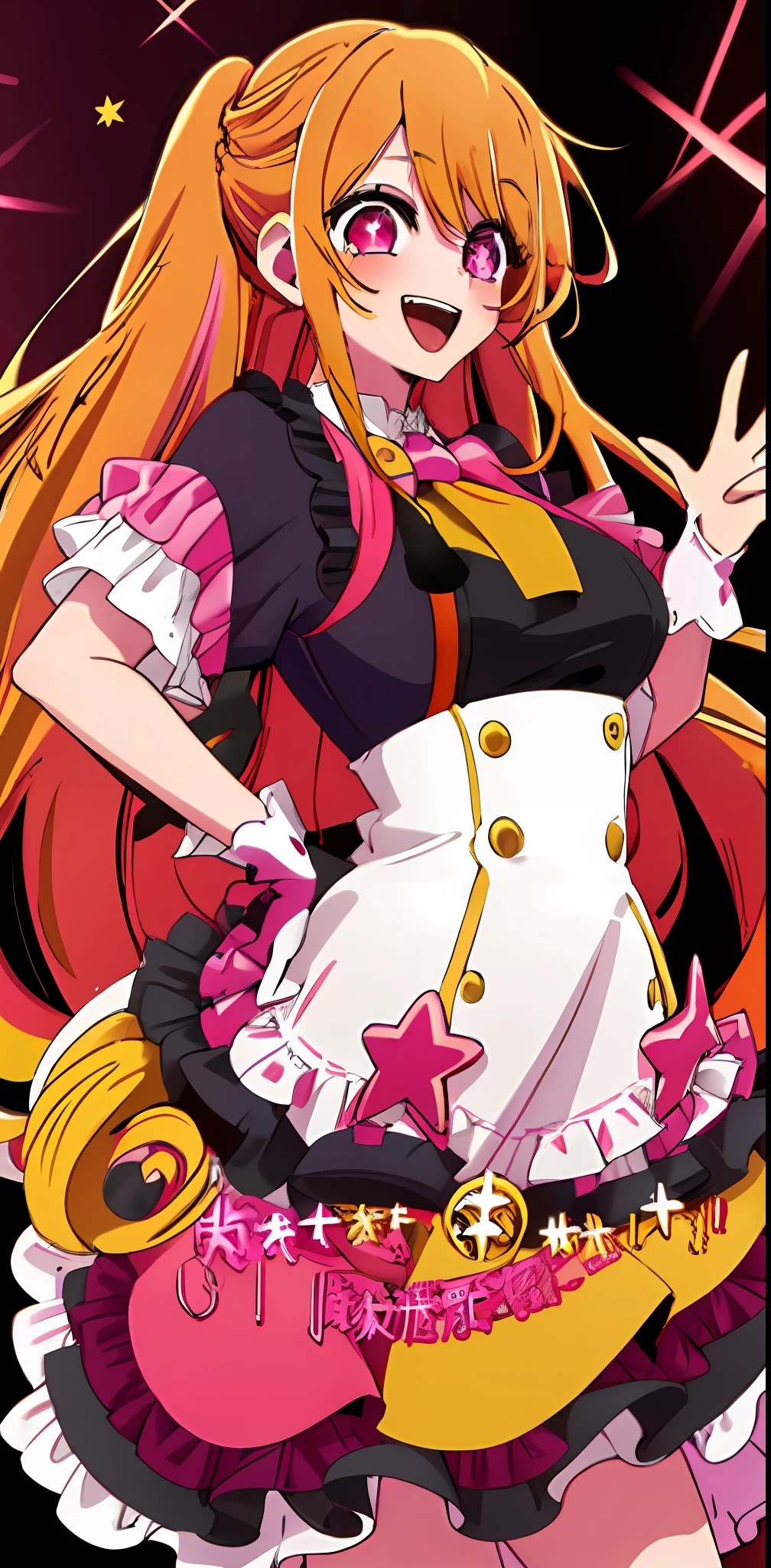 1girl, solo, star-shaped pupils in left eye, orange hair, long hair, pink eyes, multicolored dress, gloves,, singing, blonde, bangs,happy,posing, multicolored hair, (simple background:1.2), (piece signs:1.3