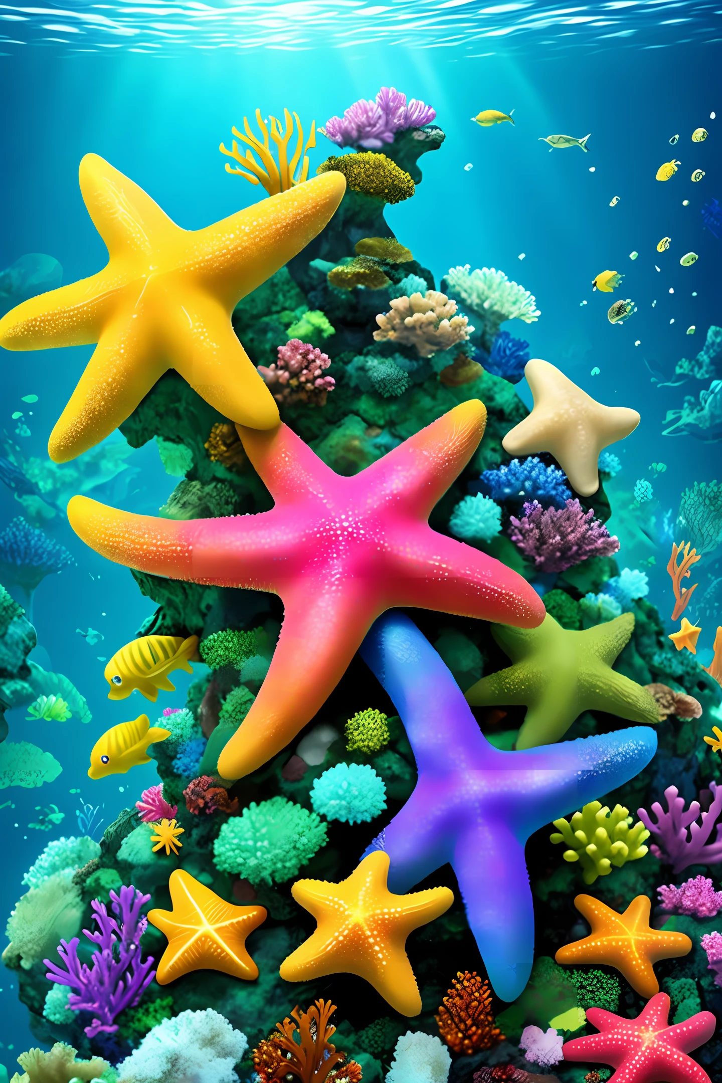 fantasy underwater starfish on top of anthill jewel colors realistic upscale