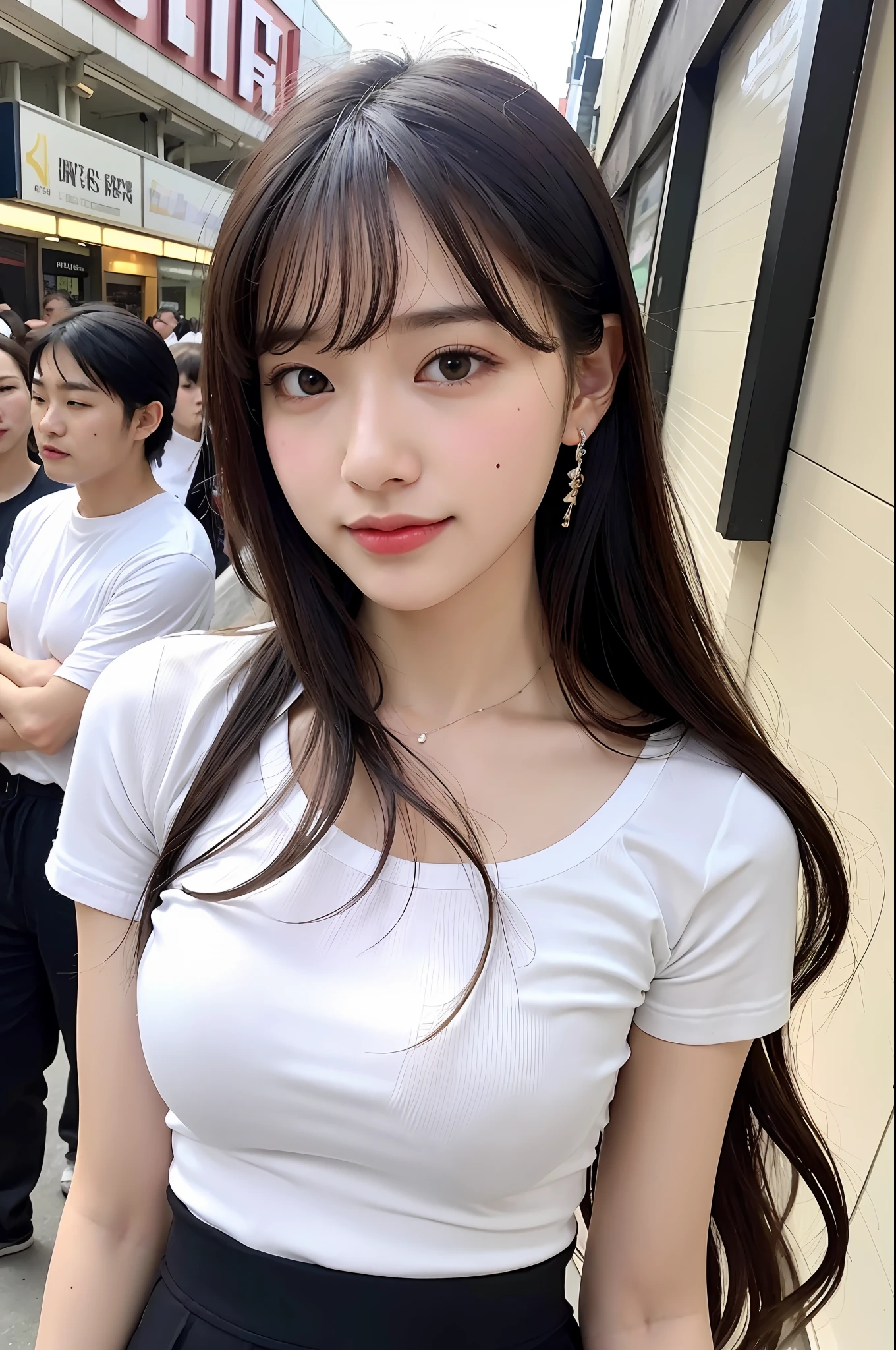 (8k, RAW Photo, Best Quality, Masterpiece:1.2), Ultra Detail, Super Resolution, (Realistic, Realistic Photo:1.37), Portrait, High Detail RAW Color Photo, Professional Photo, Extremely Detailed and Beautiful, Extremely detailed, 8k wallpaper, amazing and detailed, huge file size, official art, highly detailed CG unity 8k wallpaper, highly detailed beautiful girl, highly detailed face, highly detailed eyes, highly detailed skin, highly detailed fingers, highly detailed nose, very detailed detailed mouth , perfect anatomy, highly detailed background, highly detailed clothing, 1girl, (18:1.2), teen, cute girl, famous japanese idol, kawaii, realistic body, petite, fair skin, glowing skin , slim body , handsome body, black hair, long straight hair, (blunt bangs:1.2), smile, cute, youthful, cute face, realistic face, delicate eyes, drooping eyes, white t-shirt, skirt, earring, looking at viewer, cowboy shot, front Facing, Standing, Contraposto, High Street, Public, Crowd, Dynamic Lighting, Very Large Breasts,