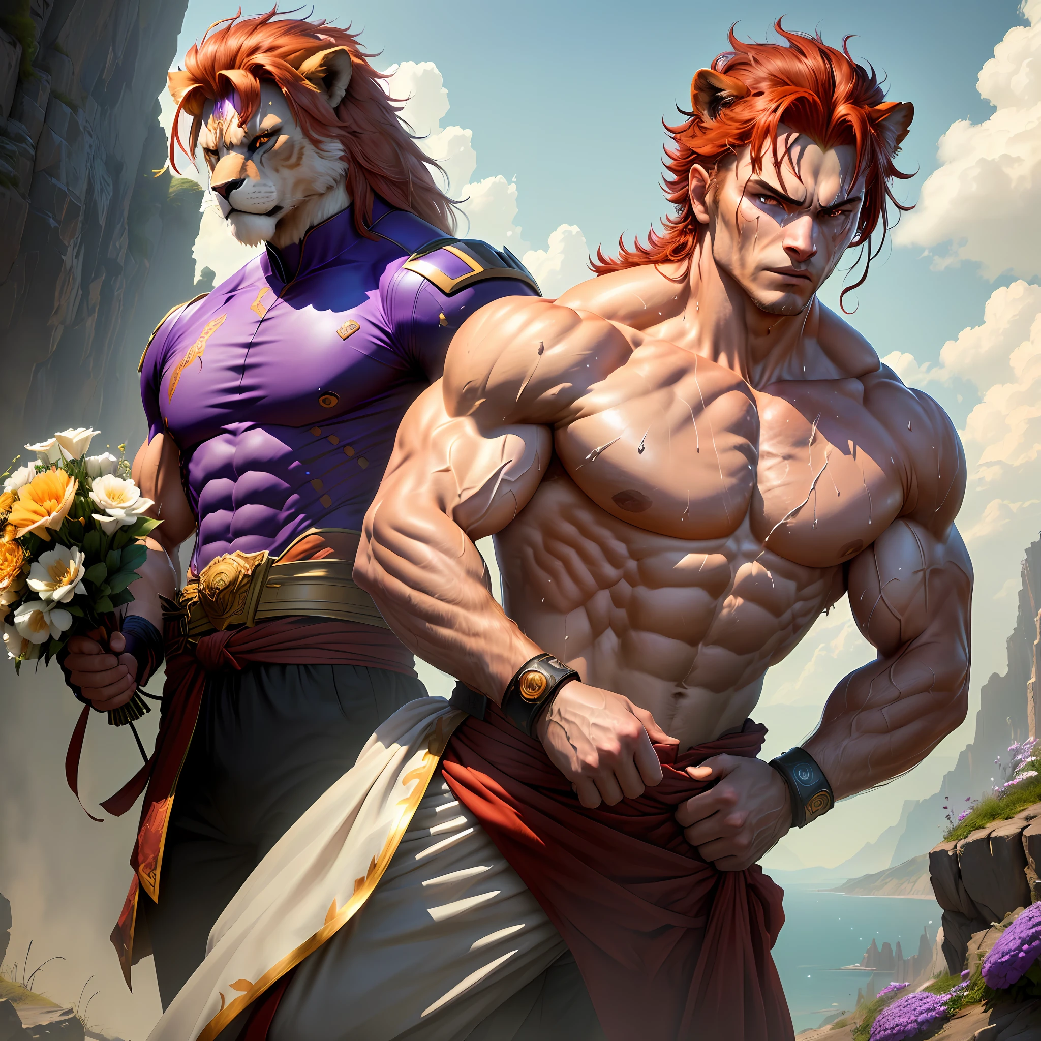 muscle, male, (lion head:1.0), furry, kemono, dressed as a prince standing on a cliff with flowers behind him, cloulds in the sky, photo, realism, cgi, (fighting pose:1.2), tekken, eye glow, (sweat:1.3), dirt, nipple, red hair, (baki:1.2), blood splatter, purple eye, teeth, (steam:1.0), high detail, castle, masterpiece, (HDR)(wallpaper)(movie lighting)(sharp focus), masterpiece, best quality, (extremely detailed CG unity 8k wallpaper), (best quality)