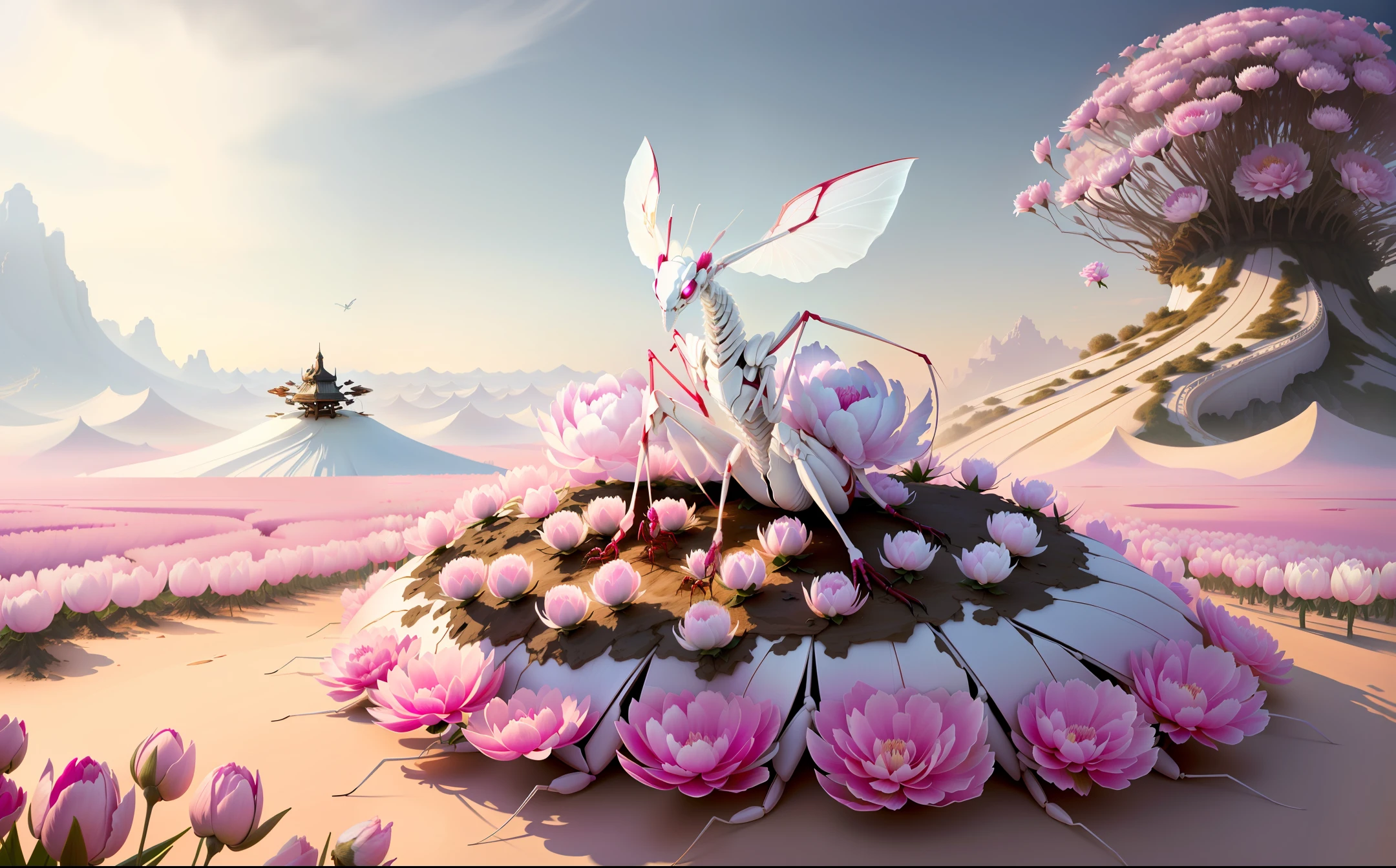 white mantis on top of a peony anthill fantasy realistic